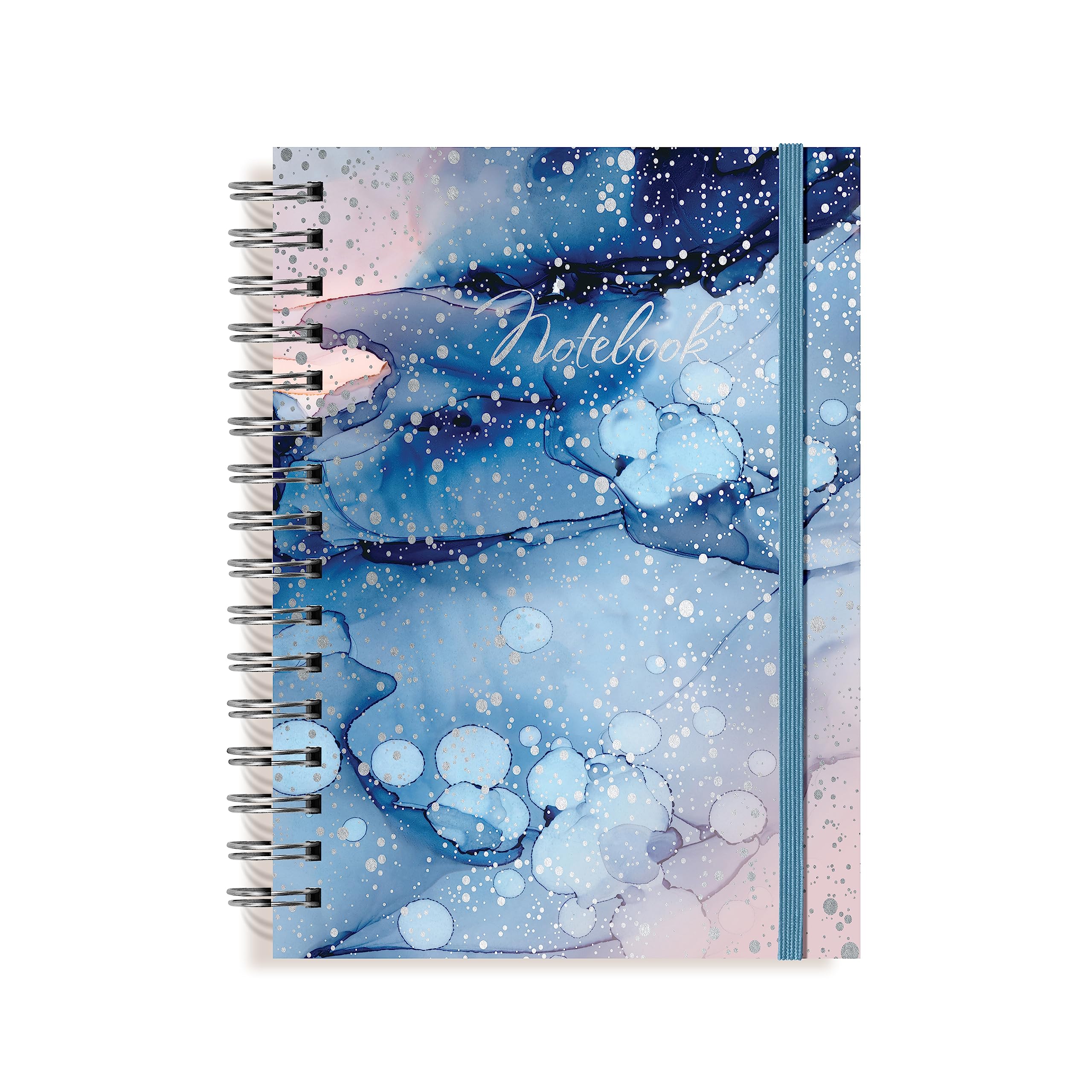 Designer Greetings, Designer Papers Flex Cover Journal with Elastic Band, Blue “Notebook” Watercolor Marble with Silver Dotted Print - 320 Pages (6” x 8.25”) - Perfect for Work, School, Creative