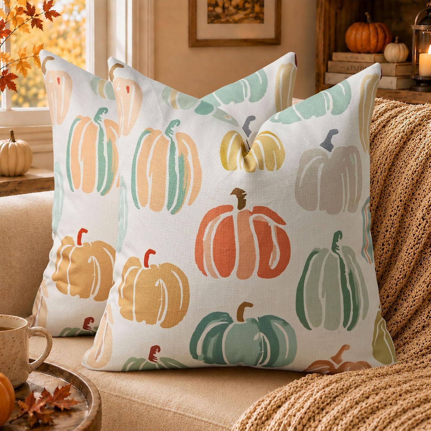 DFXSZ Fall Pillow Covers 18x18 inch Set of 2 Fall Decoration Multicolor Oil Painted Pumpkin Decor Autumn Outdoor Pillow Cover Thanksgiving Decoration for Home Couch TH140D18