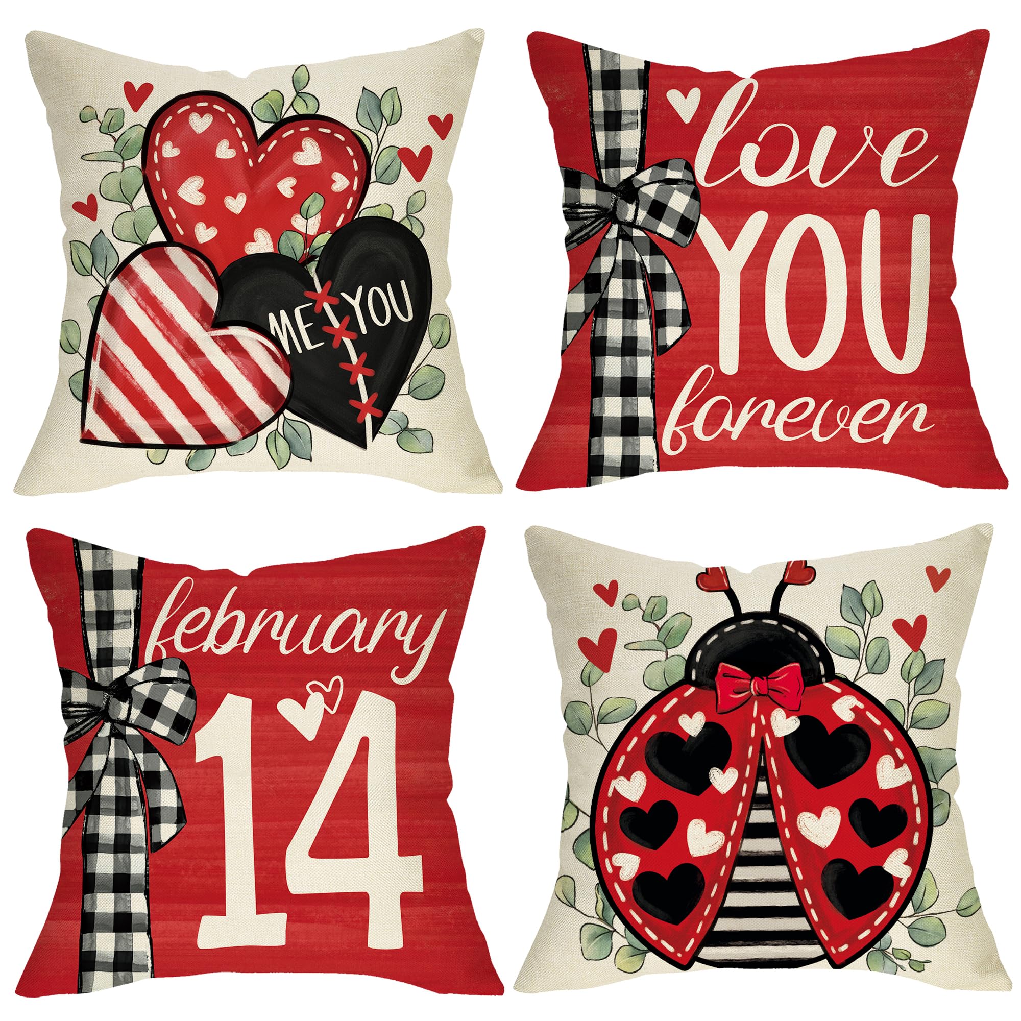 Fjfz Valentine's Day Red Heart Ladybug Decorative Throw Pillow Covers 18 x 18 Set of 4, Love You Forever February 14 Porch Outdoor Home Decor, Leaves Buffalo Plaid Anniversary Wedding Cushion Case