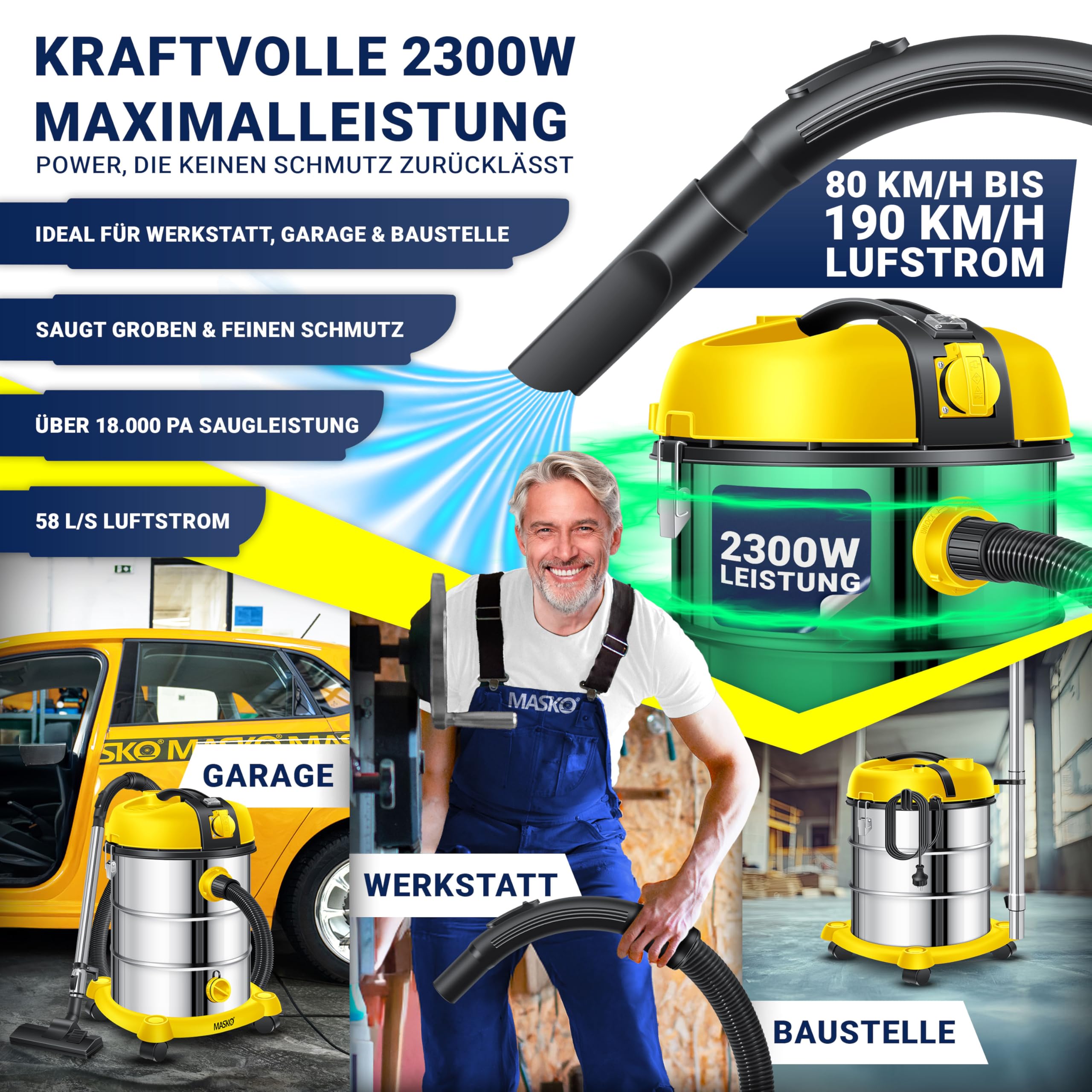 MASKO Industriestaubsauger Nass Trocken Sauger Edelstahl 2300W Steckdose Blasfunktion Push&Clean beutellos