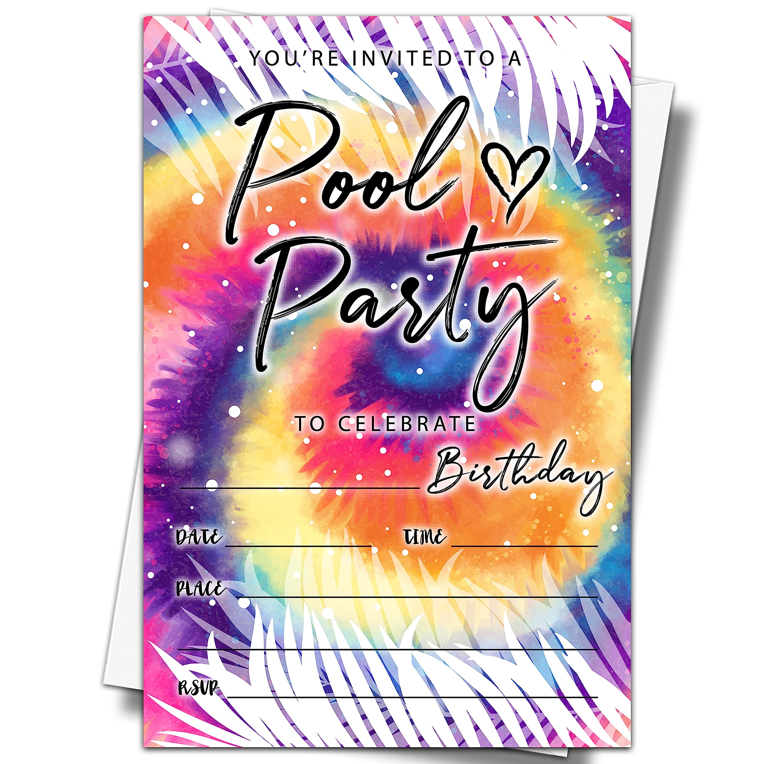 Photo 1 of Pool Party Birthday Invitations, 20 Invite Cards with Envelopes, 4"x6" Tie Dye Birthday Invites - D06