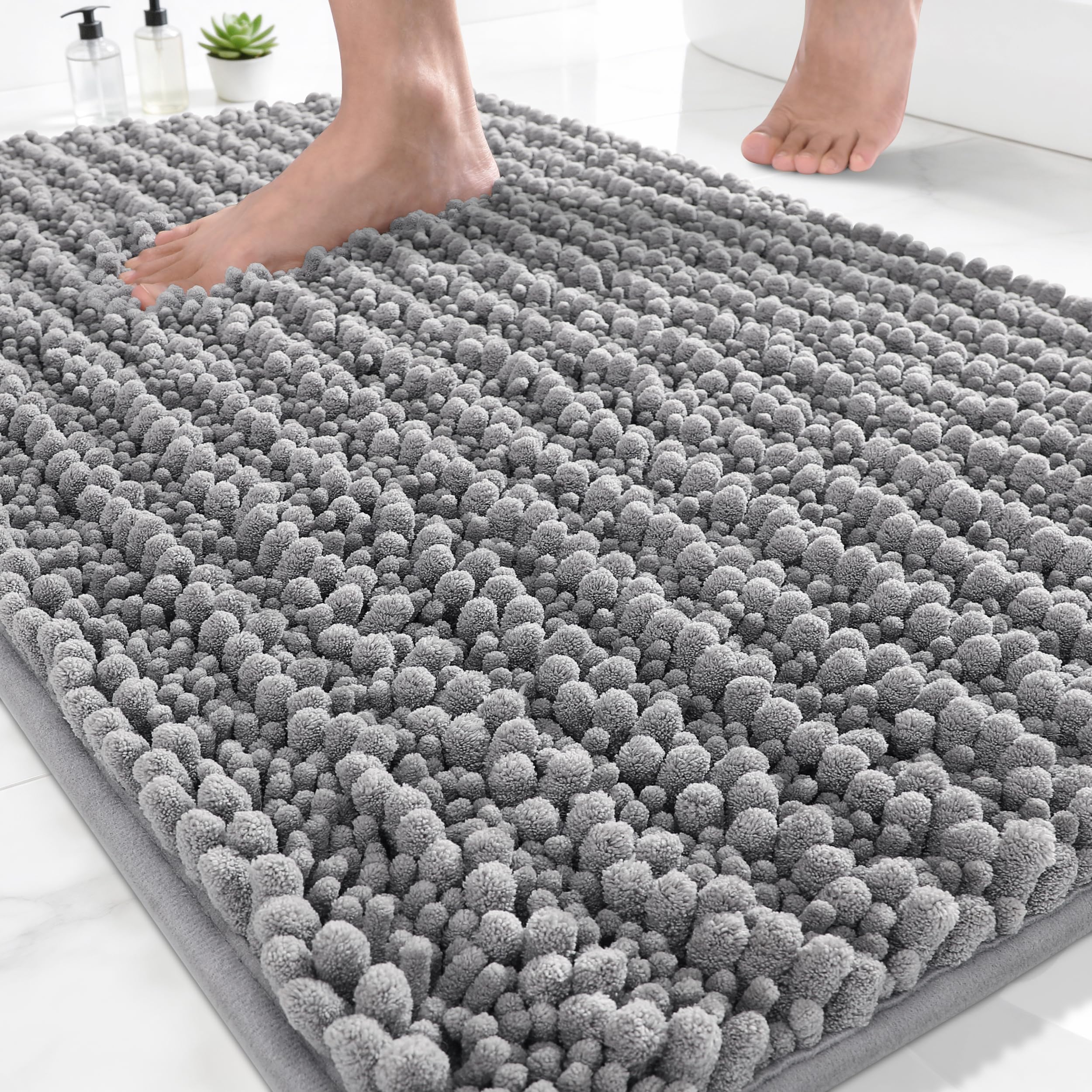 Photo 1 of Yimobra Bathroom Rugs Non-Slip Washable – Extra Soft & Absorbent Chenille Bath Mat, Quick-Dry Plush Shaggy Floor & Vanity Bath Rugs for Tub & Shower, Modern Home Decor Accessories, 24 x 17, Grey