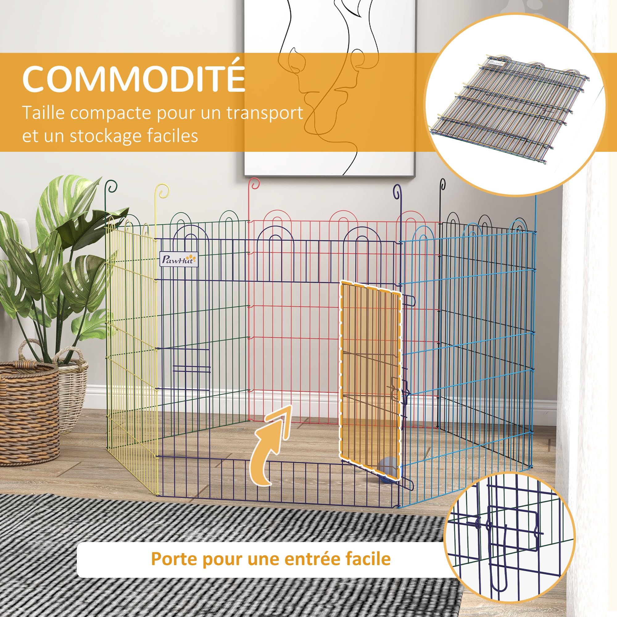 PawHut Enclos Chien Pliant en Acier 6 Panneaux Ø 120 x 60 cm Multicolore | Parc pour Chiens, Lapins, Rongeurs, Petits Animaux, Intérieur et Extérieur, avec Porte, Panneaux 58 x 60 cm