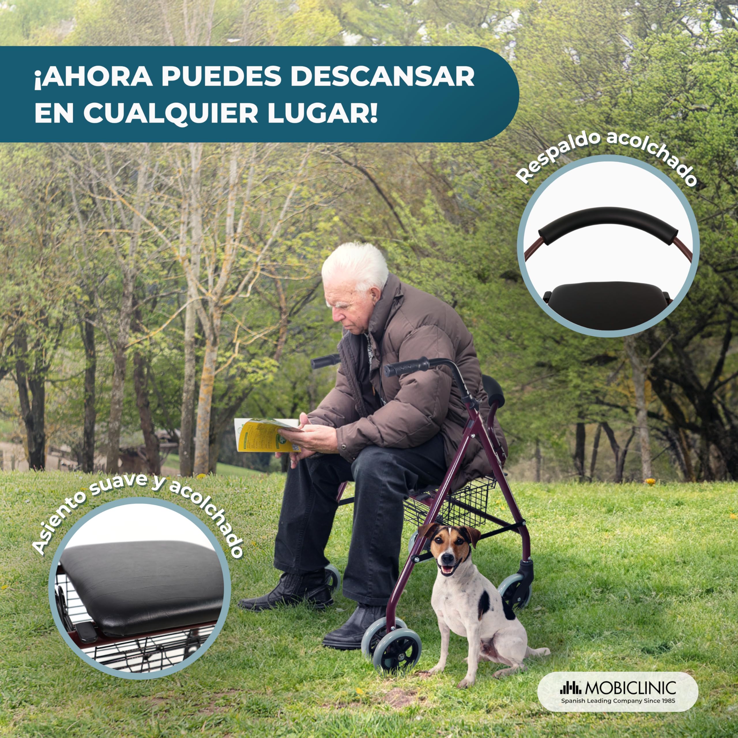 Mobiclinic®, Andador Plegable, Ligero, Rollator, Prado, Frenos por Presión, con Asiento, Cesta y 4 Ruedas, Aluminio, Burdeos