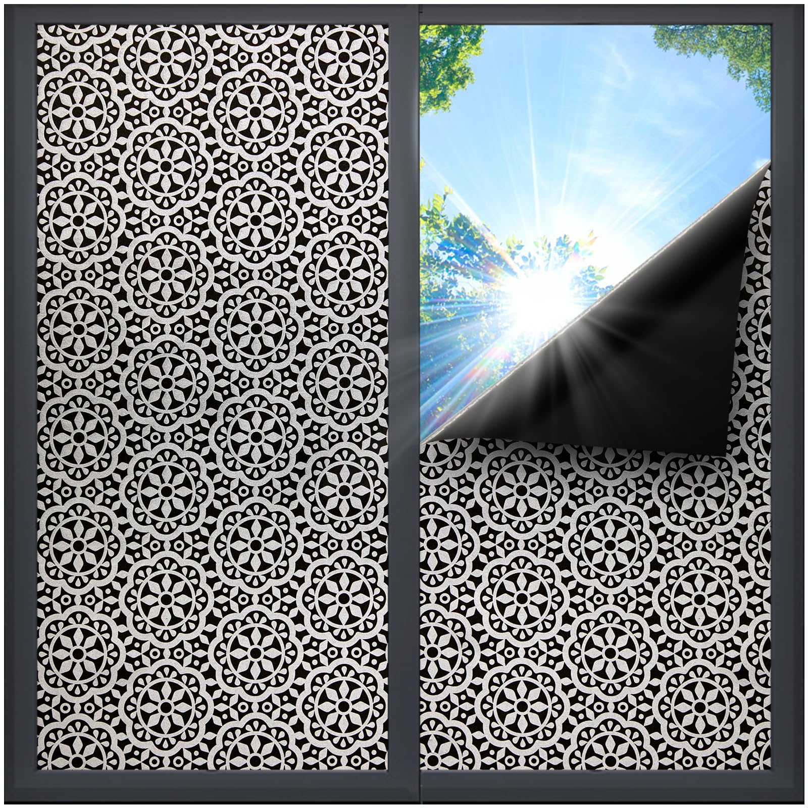 Coavas Window Privacy Film Static Cling, Non-Adhesive Removable Privacy Window Film, Frosted Glass UV Blocking Window Tint for Home, Office, Bathroom (Black Lace 17.5 x 118.1 in)
