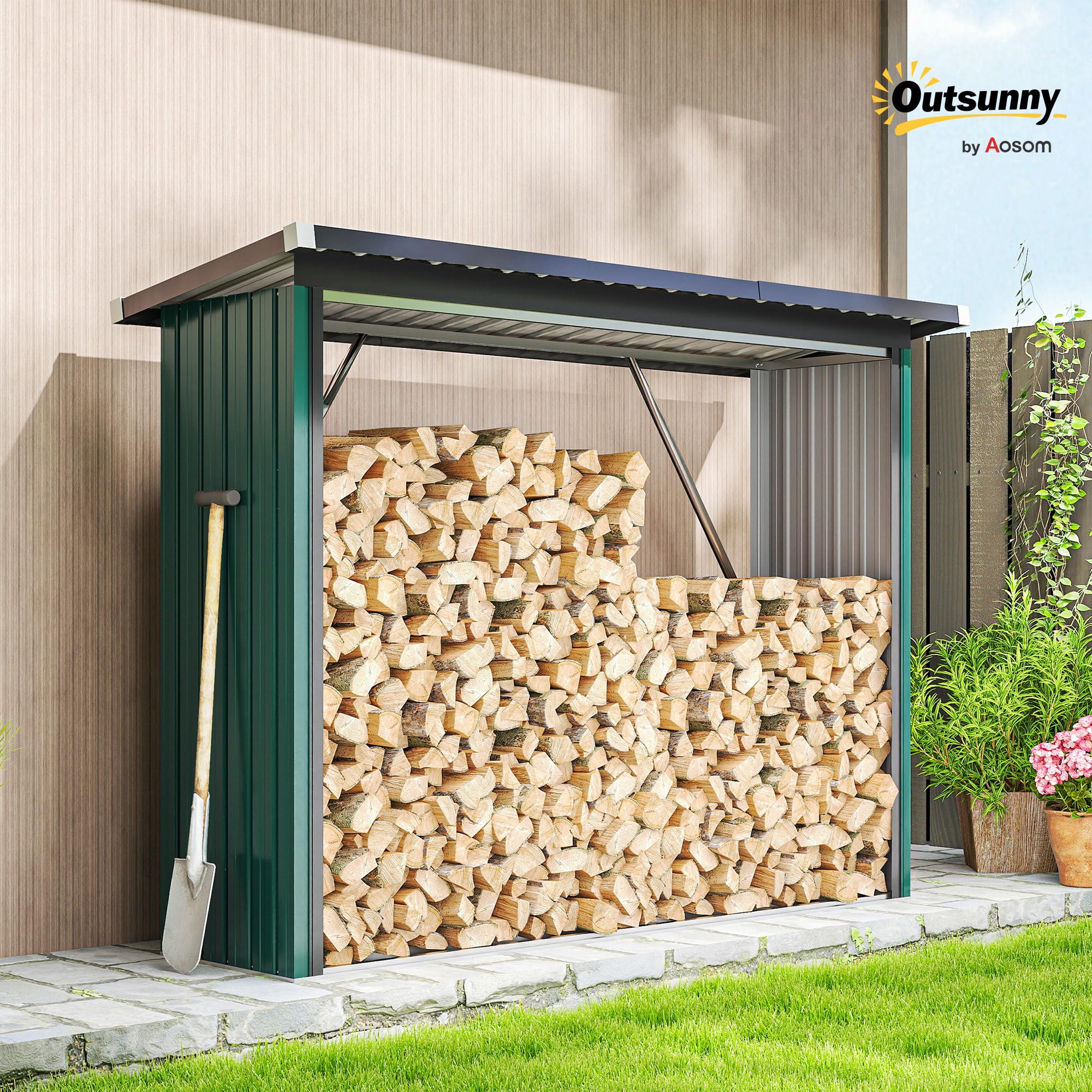 Outsunny Casetilla para Leña de Acero Galvanizado con Base Elevada y Techo Inclinado Cobertizo Leñero Exterior de Almacenamiento de Troncos 213x66,5x150 cm Verde