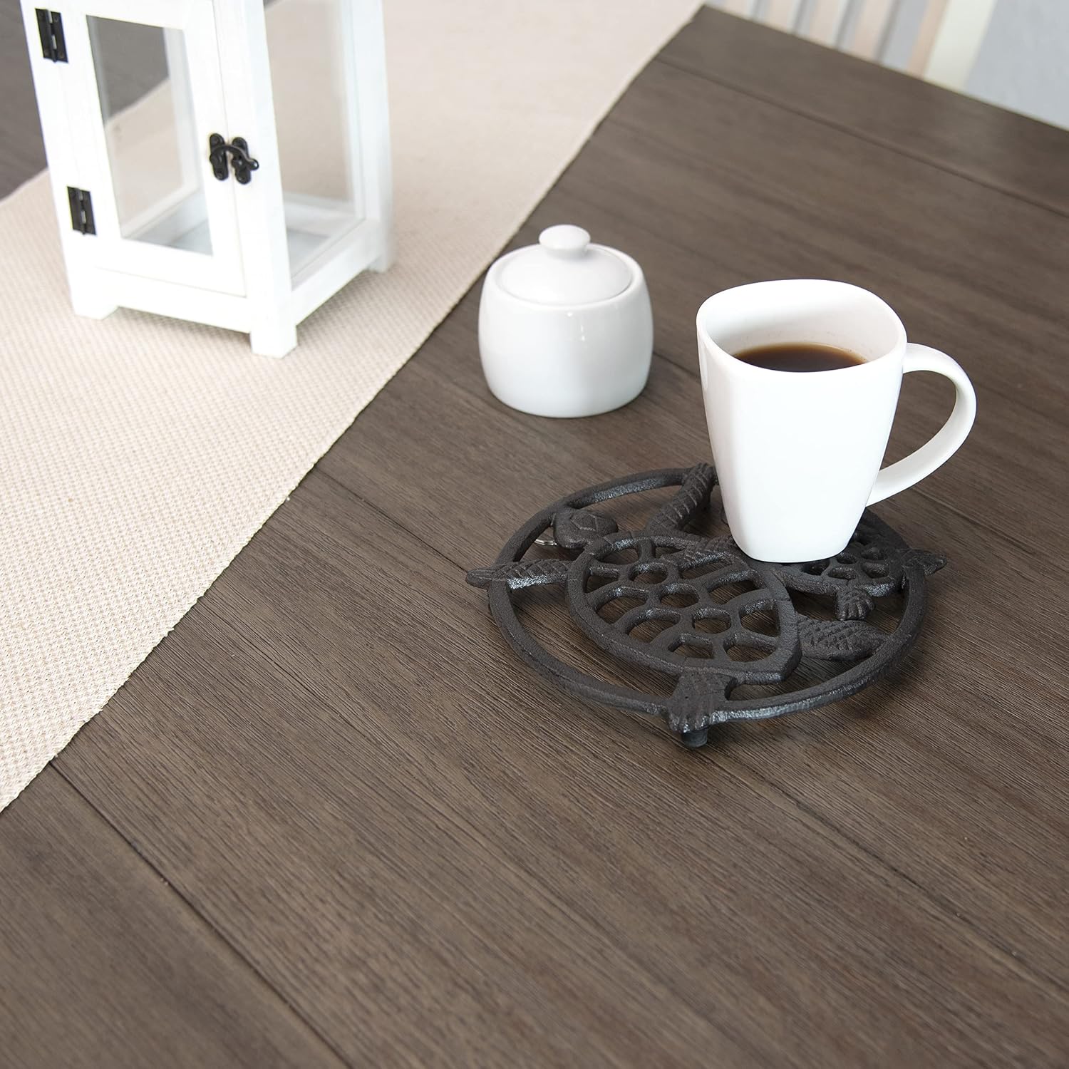 GASARE, Cast Iron Trivet for Hot Dishes, Pots, and Pans, Metal Trivet, 2 Turtle Design, Rubber Feet Caps, Ring Hanger, 8.75 Inches, Brown, 1 Unit