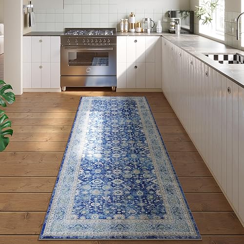 Rugcomf Runner Rug 2'6''x8' Hallway Washable Boho Soft Area Rug Non-Slip Faux Wool Vintage Rug for Kitchen, Entryway, Laundry, Bedroom, Indoor (Blue)