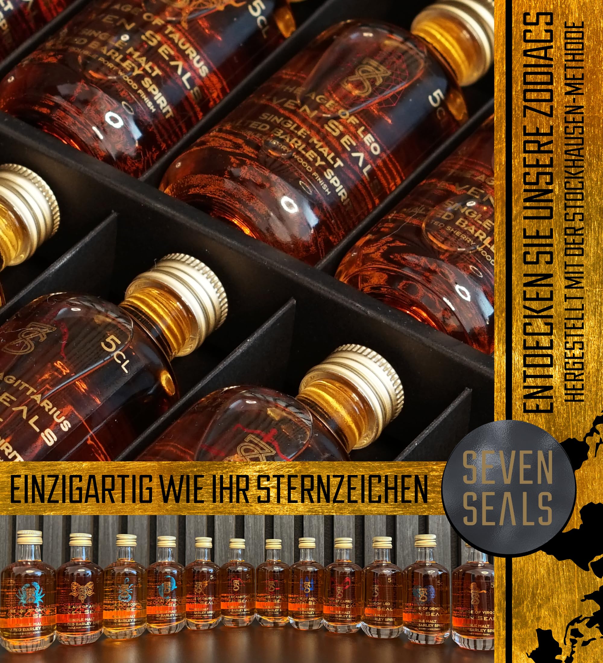 Seven Seals Single Malt Geschenkset | Zodiac Tasting Set | 12 x 5cl Tasting Miniaturen | Premium Probierpaket | Geschenkidee für Männer & Genießer | Schweizer Qualität | 49,7 % Vol