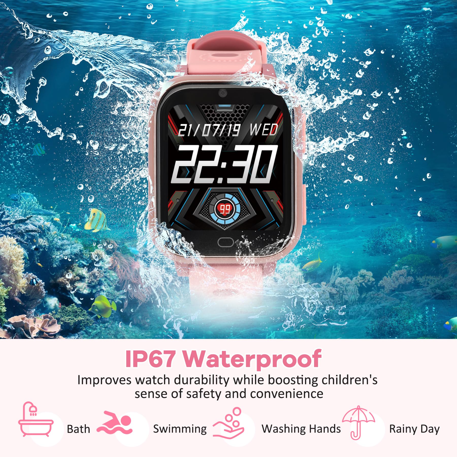 AstraMinds Smartwatch Bambini 4G per Ragazzo e Ragazza, Orologio GPS, Impermeabile IP67, Videochiamata, WiFi, SOS, Chat in Tempo Reale, Messaggi, Fotocamera, Contapassi, Sveglia per 4-12 Anni (Rosa)