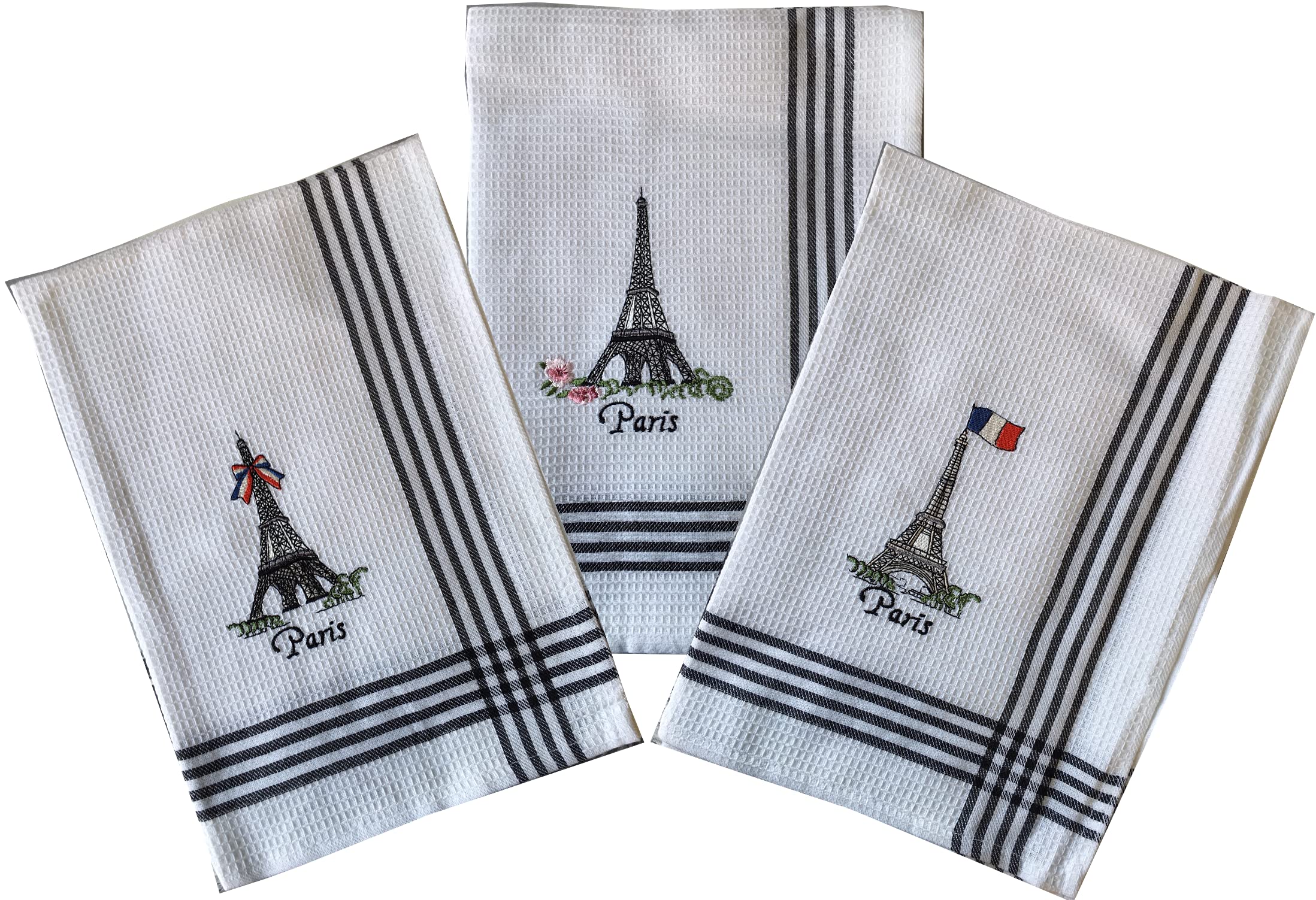 VIANAYA Paris Wieża Eiffla ręcznik kuchenny z haftowanej bawełny, 3 sztuki, rozmiar 50 x 70 cm