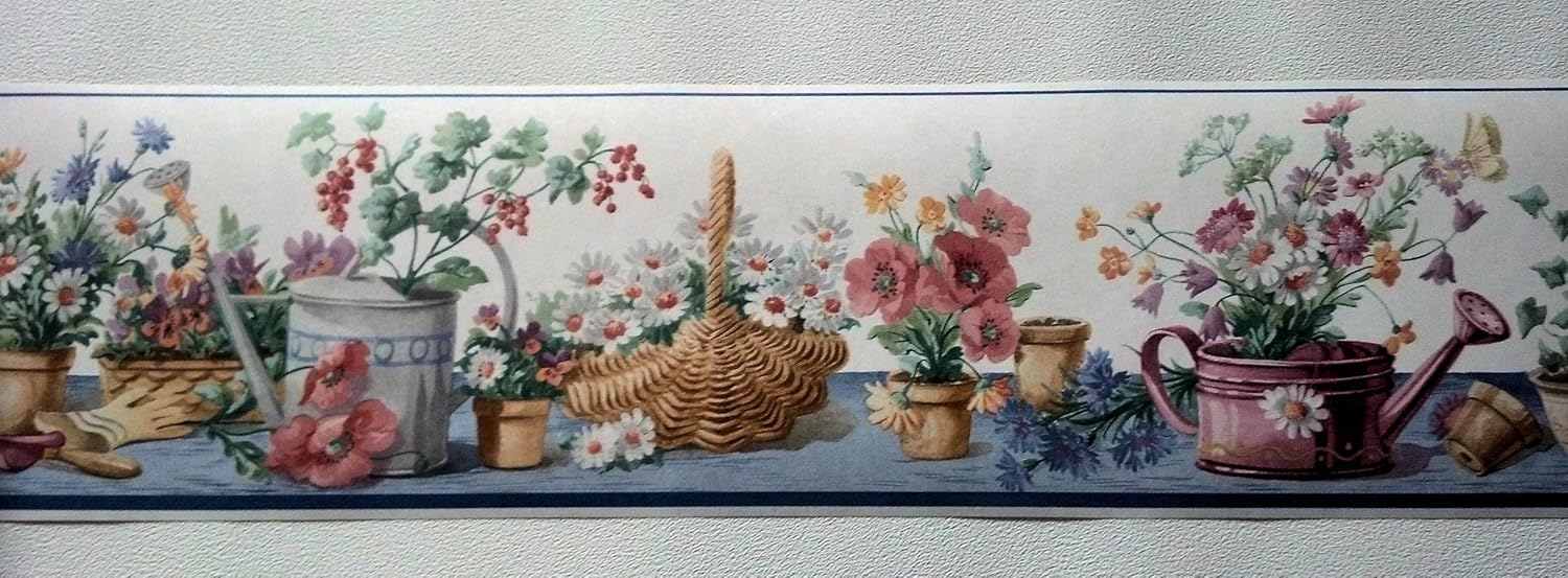Gardening Flowers Watering Can Wallpaper Border – Blue…