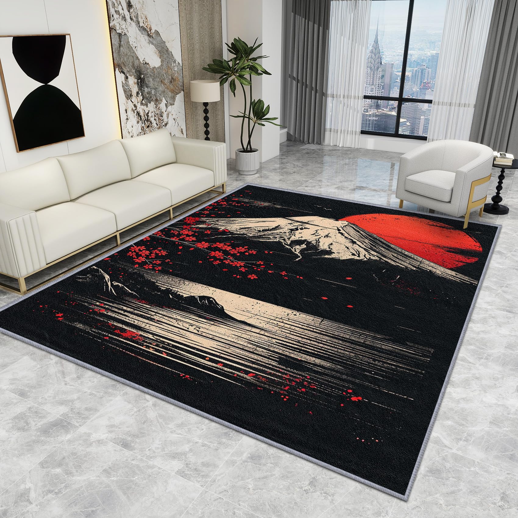 Japanese Rugs for Bedroom - Japanese Rug - Japan Mount Fuji Sunset Rugs, Oriental Asian Rustic Carpet, Washable Rug Non Slip Low Pile Soft Small Area Rugs, Japanese Home Decor Gifts, 50 X 80 cm