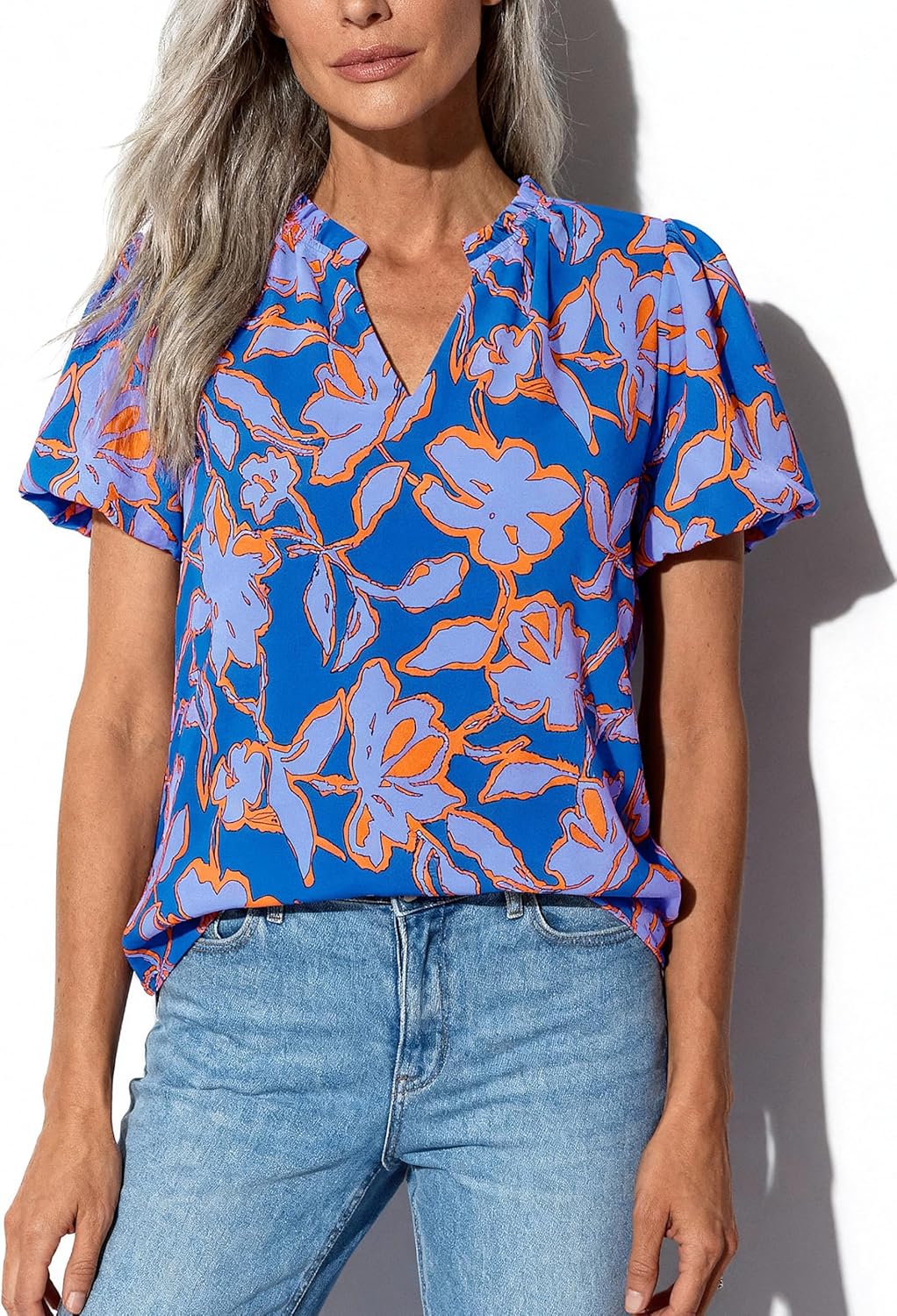MASCOMODA Boho Short Sleeve Floral Work Blouses for Women Dressy Casual V Neck Puff Sleeve Loose Chiffon Flowy Tops Shirts - Image 3