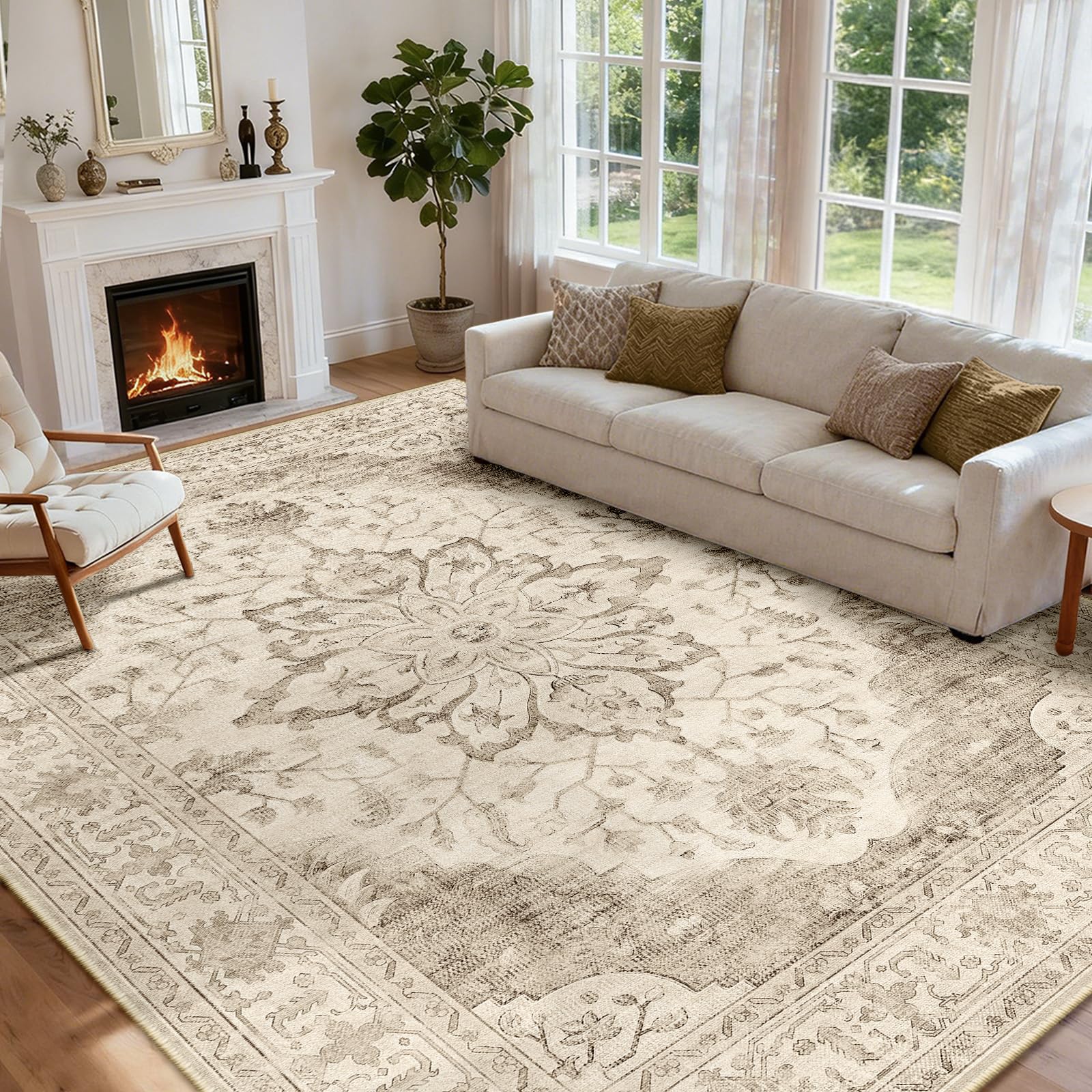 INOVADAY Machine Washable Rugs 200x300 cm Vintage Area Rug Low Pile Anti-Slip Carpet with Print Pattern for Living Room Bedroom Home Office Indoor Lightbeige โ image 1