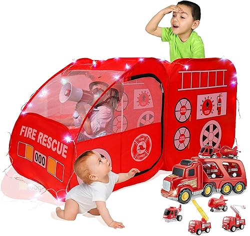 LimitlessFunN Tienda de campaña desplegable para niños con diseño de camión de bomberos, incluye luces de estrellas y estuche de transporte, casa de