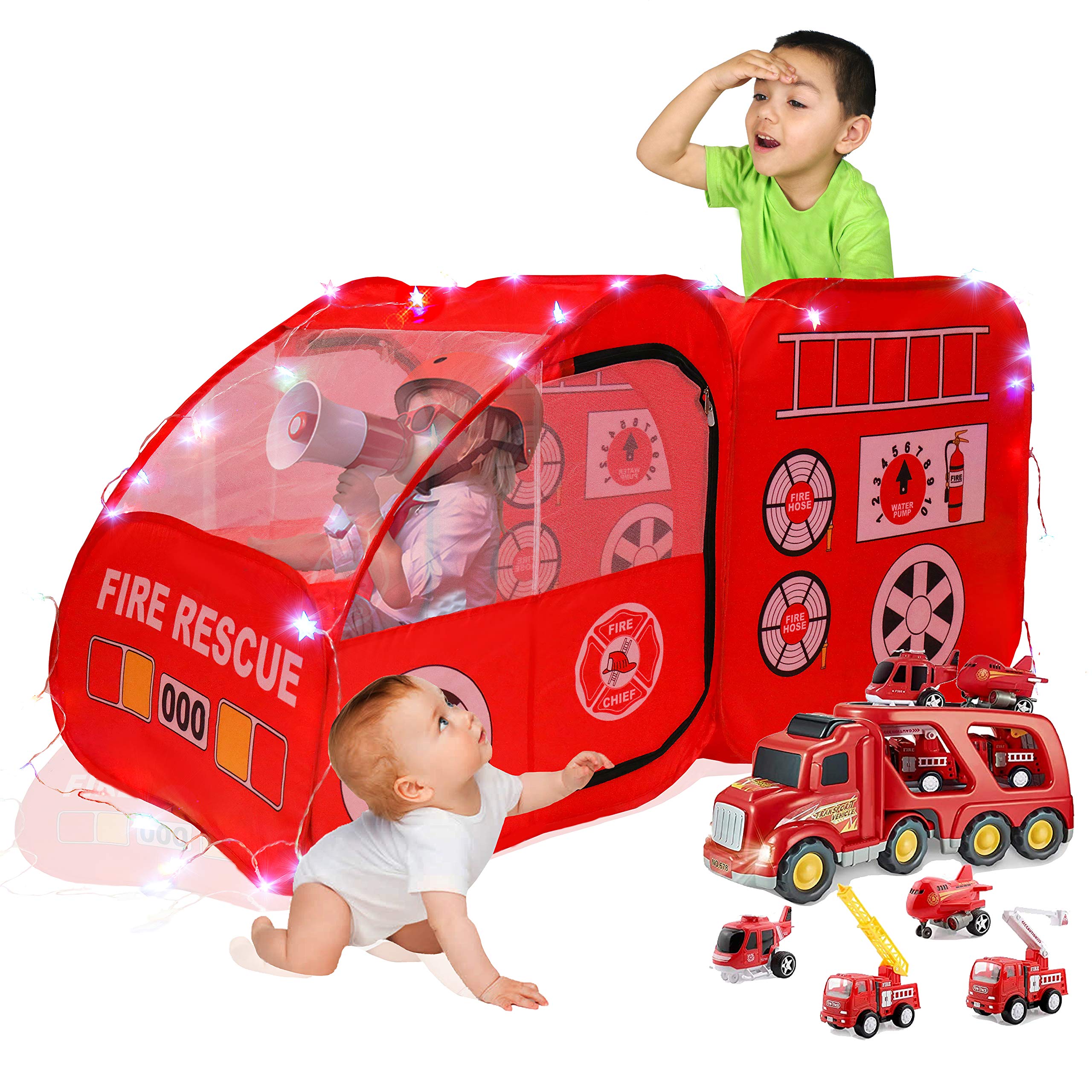 LimitlessFunNFire Truck Pop Up Kids Play Tent | Includes Star Lights & Carrying Case |, Children Indoor Firetruck Playhouse for Boys, Toddlers, 27" D x 55" W x 27" H