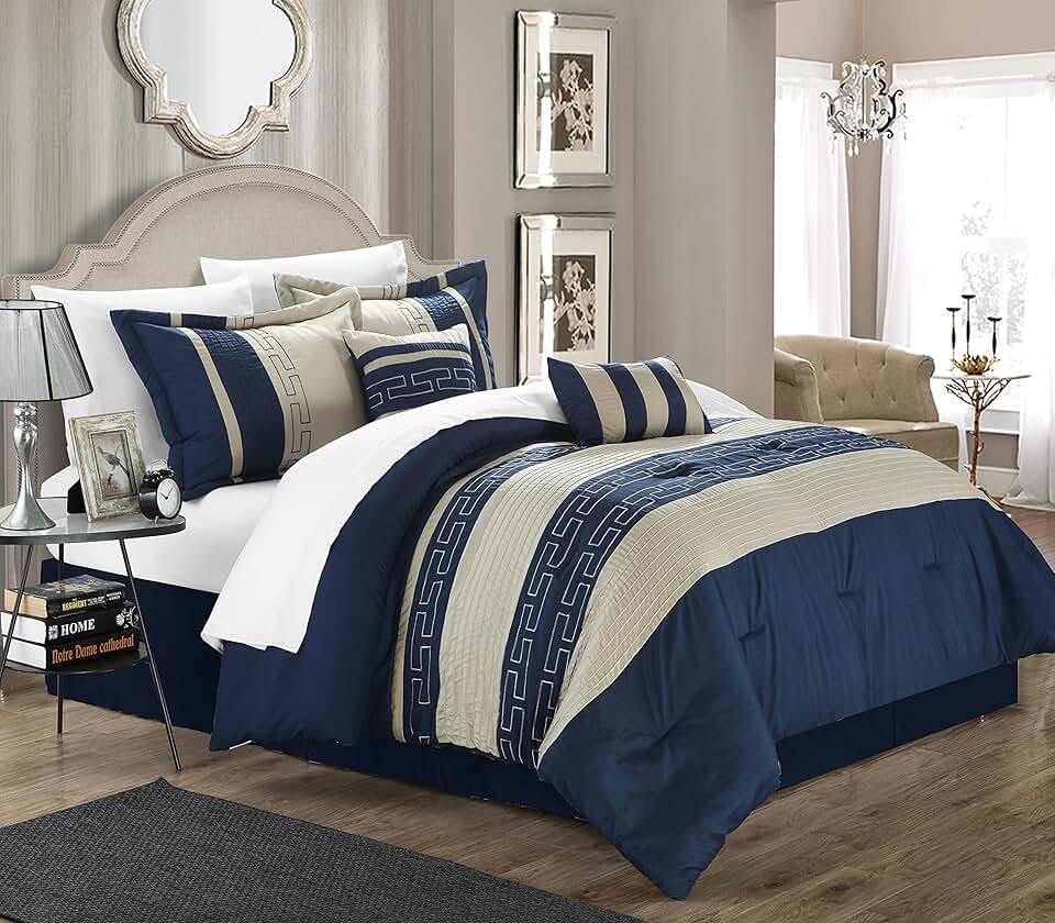 navy and beige bedding