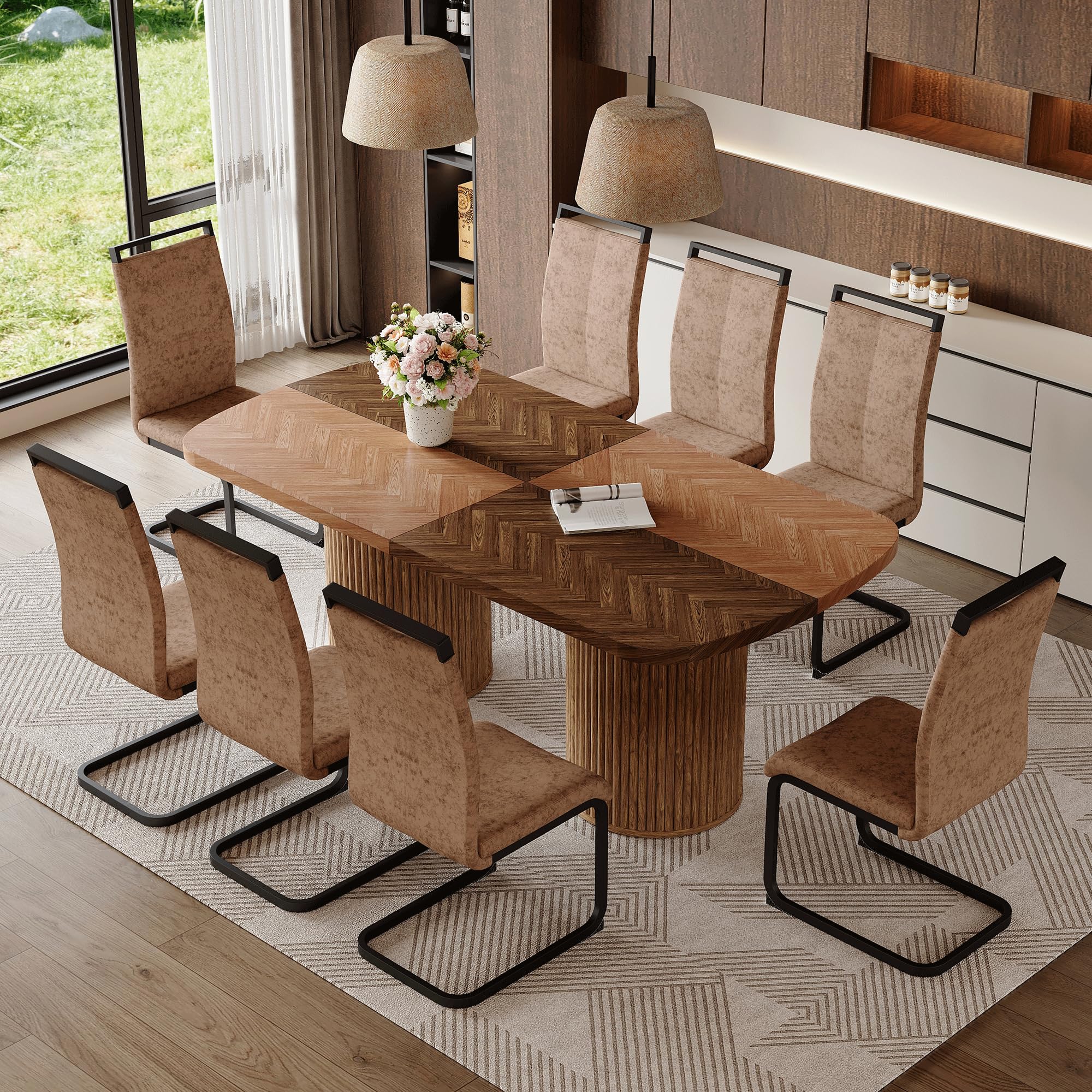 UELKS 79" Dining Table Set for 8, Large Wood Dining Room Table Set for 8, Modern Rectangular Kitchen Table with Upholstered PU Leather Chairs for Home