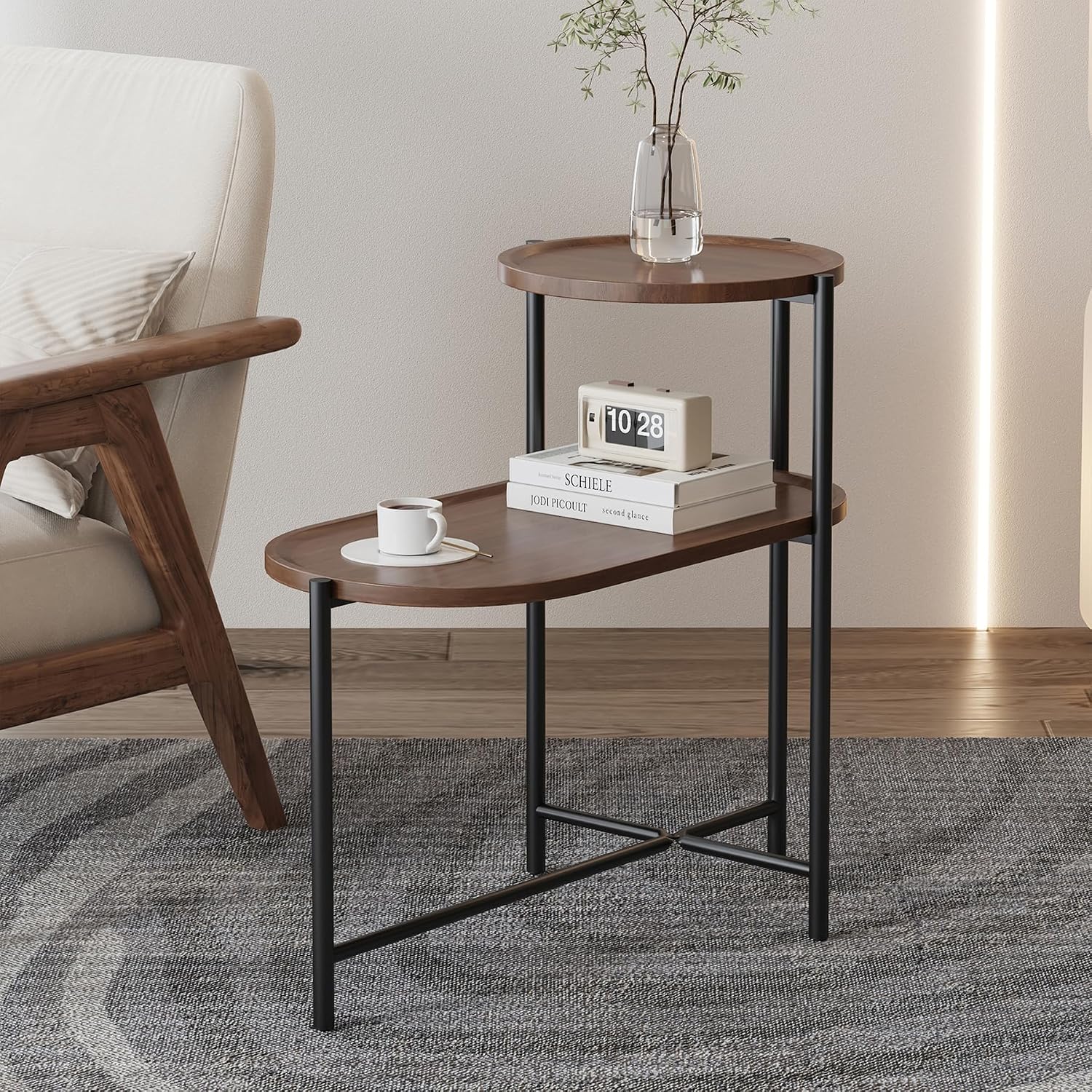 2-Tier Oval End Table, Rustic Industrial Side Table Accent Table with Storage Shelf for Living Room Bedroom (Black)