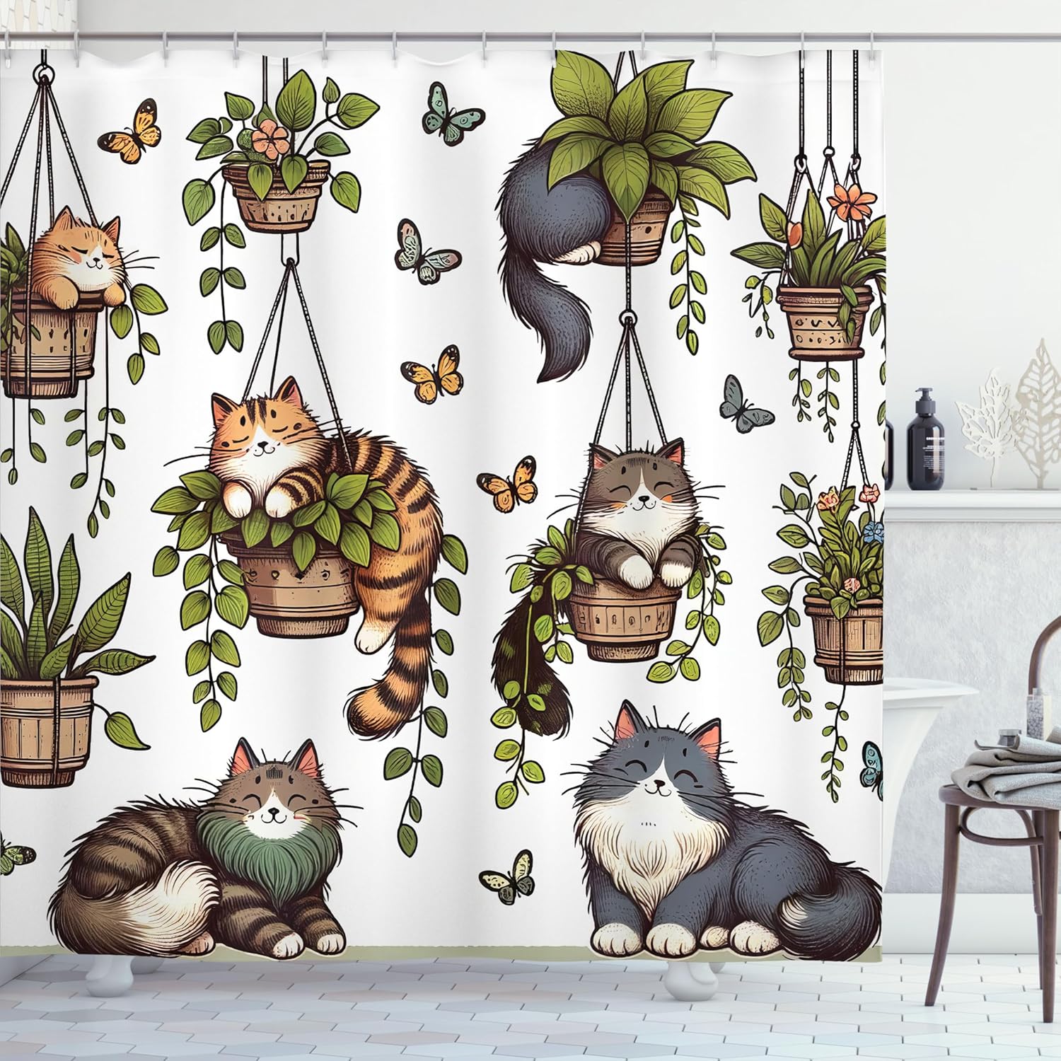 Ambesonne Cat Shower Curtain, Happy Smiling Kitties on Hanging Pots Botanical Design Illustration, Cloth Fabric Bathroom Decor Set with Hooks, 69" W x 84" L, Blue Grey Green and Taupe