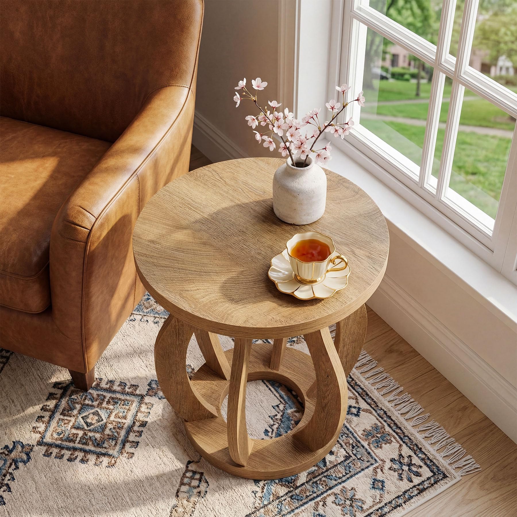 Tribesigns Round End Side Table: Farmhouse Wooden Side Table for Living Room, Bedside Nightstand with Curved Frame, Accent Nightstand for Bedroom, Small Spaces, Brown(1PC)