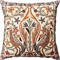 Hand-Embroidered Tree of Life Pillow Cover 18x18 Wool Suzani Floral Outdoor Cushion Sham - Kashmir Designs Crane Cream