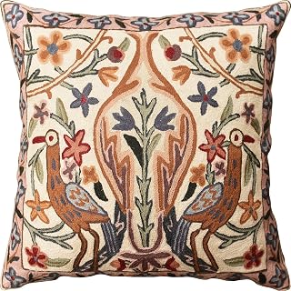 Hand-Embroidered Tree of Life Pillow Cover 18x18 Wool Suzani Floral Outdoor Cushion Sham - Kashmir Designs Crane Cream