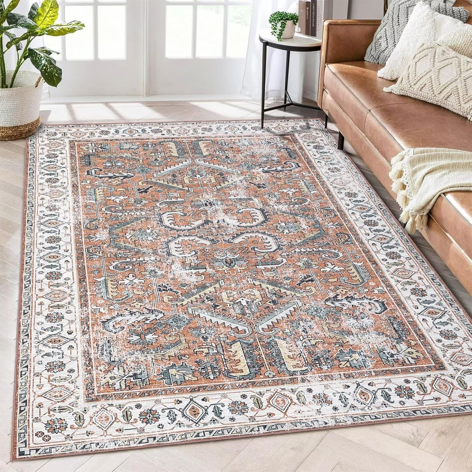 GAOMON Large Area Rug Vintage Rug Washable Rug Low Pile Thin Rug Non Slip Soft Rug Ultra-Thin Antique Collection Area Rug Contemporary Accent Carpet for Dining Room, Orange/Beige