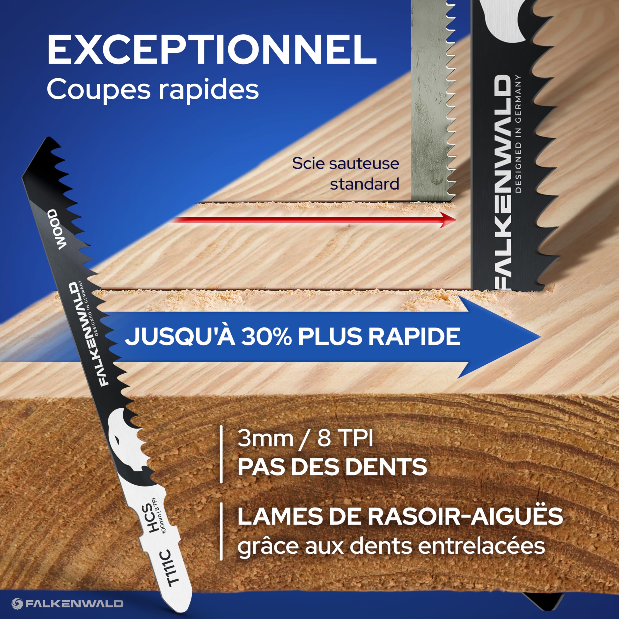 FALKENWALD Lot de 30 lames de scie sauteuse 20 x bois + 10 x métal – Tige en T HCS & HSS – Pour bois tendre, bois dur, stratifié, plastique et métal – Compatible avec Bosch et scies sauteuses