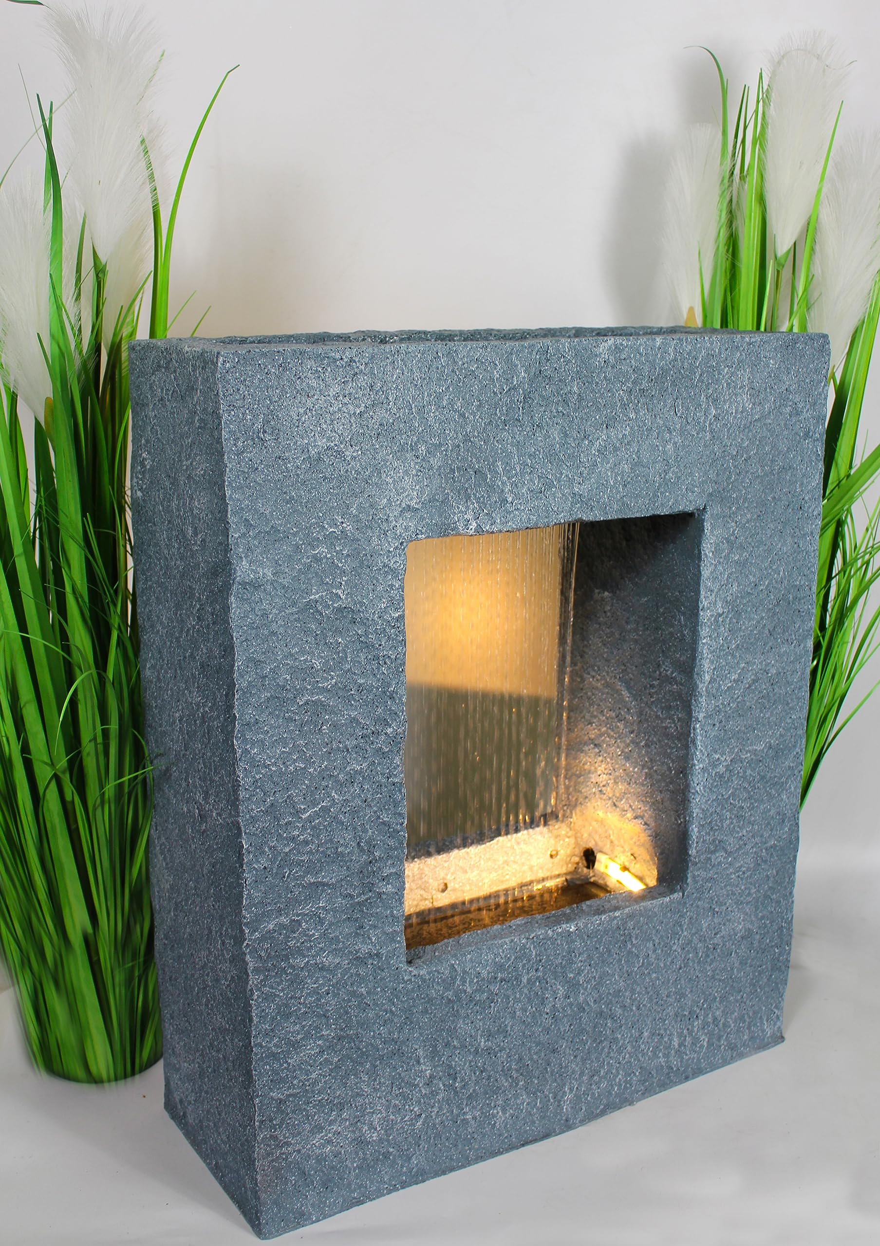 Fuente de jardín con iluminación LED 65x53 cm, fuente de habitación, fuente de piedra, cascada de agua, rectangular, blanco cálido, fuente de jardín, decoración de jardín