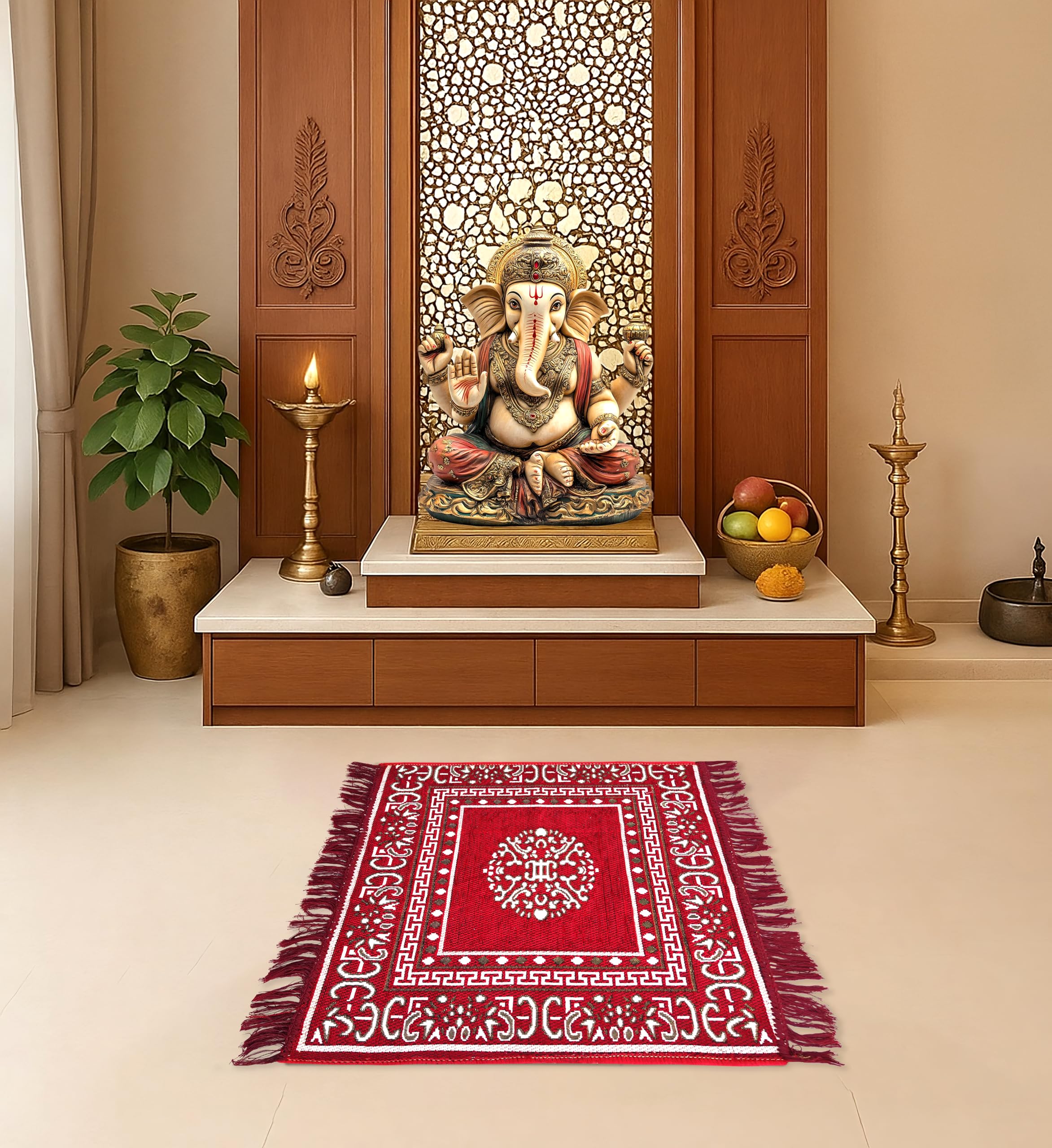 Setia Living Velvet Motif Prayer Mat 2x2 Ft | Traditional Asana Pooja mat for Sitting | Aasan Mat for Puja Mandir | Meditation Assan Mat | Multipurpose Area Rug, 62x62 cm - 24x24 Inches, Red-image-1