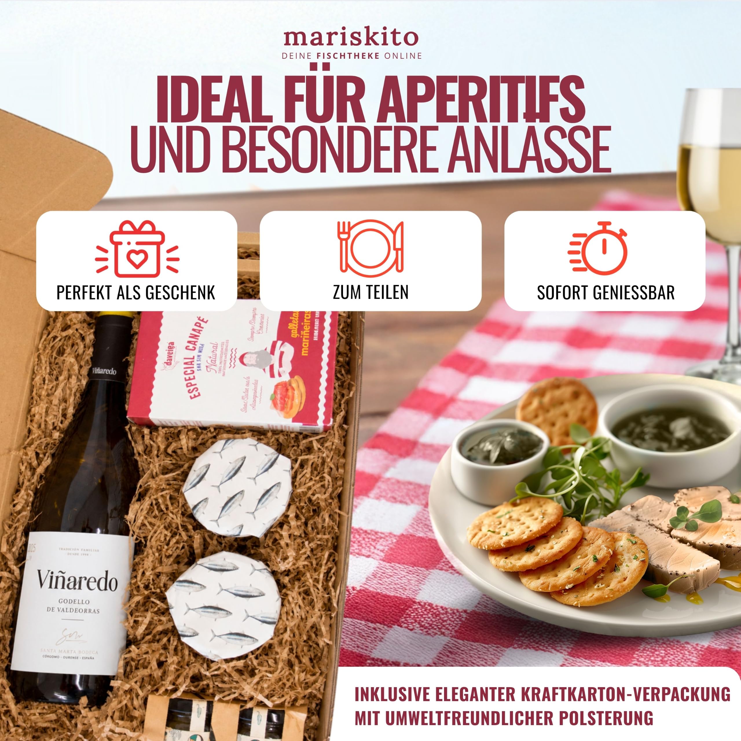 MARISKITO | Geschenkbox mit galizischen Gourmetprodukten – Paket mit Weißem Thun, süß-scharfer Paprikamarmelade und einer Flasche Wein – Weihnachtspräsente, Jubiläen, Feiern – La Mar de Bonito