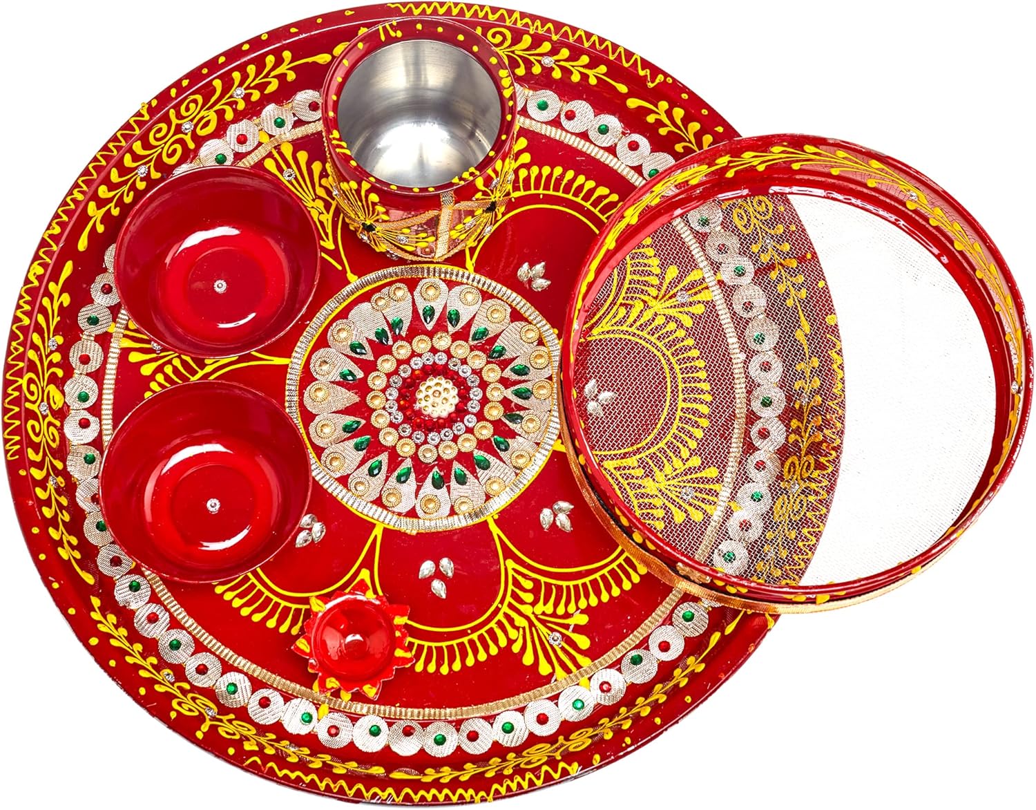 HATHKAAM Karwa Chauth Thali Set – 12 Pc Decorative Pooja Thali Kit with Sieve, Lota, Diya, Bowls + FREE Samagri (Moli, Bindi, Comb, Cotton Wicks, Rubber Band) – Gift Set for Wife & Festivals | HKPT015