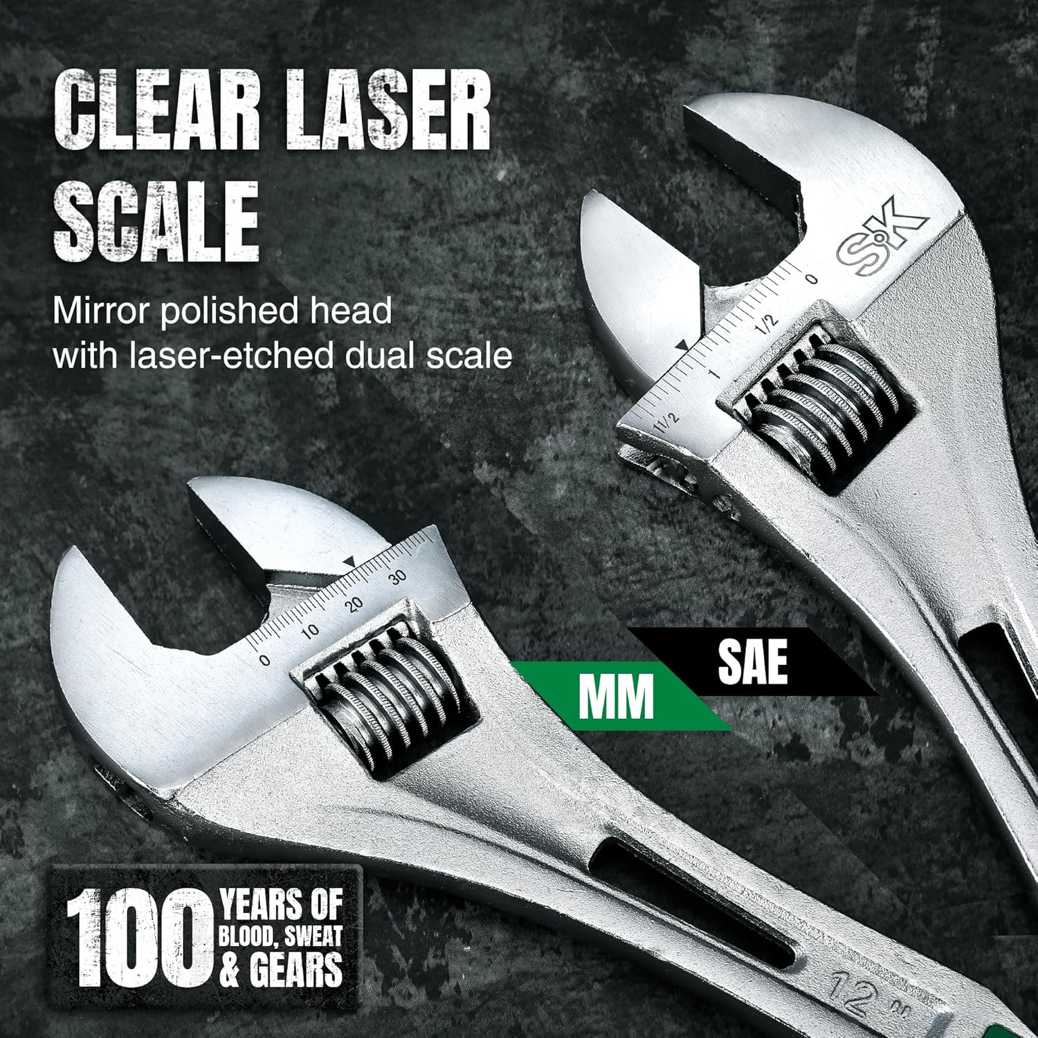 SK 12-Inch Adjustable Wrench, 1-1/2" Jaw Capacity, Cr-V Steel, SAE&Metric Scales