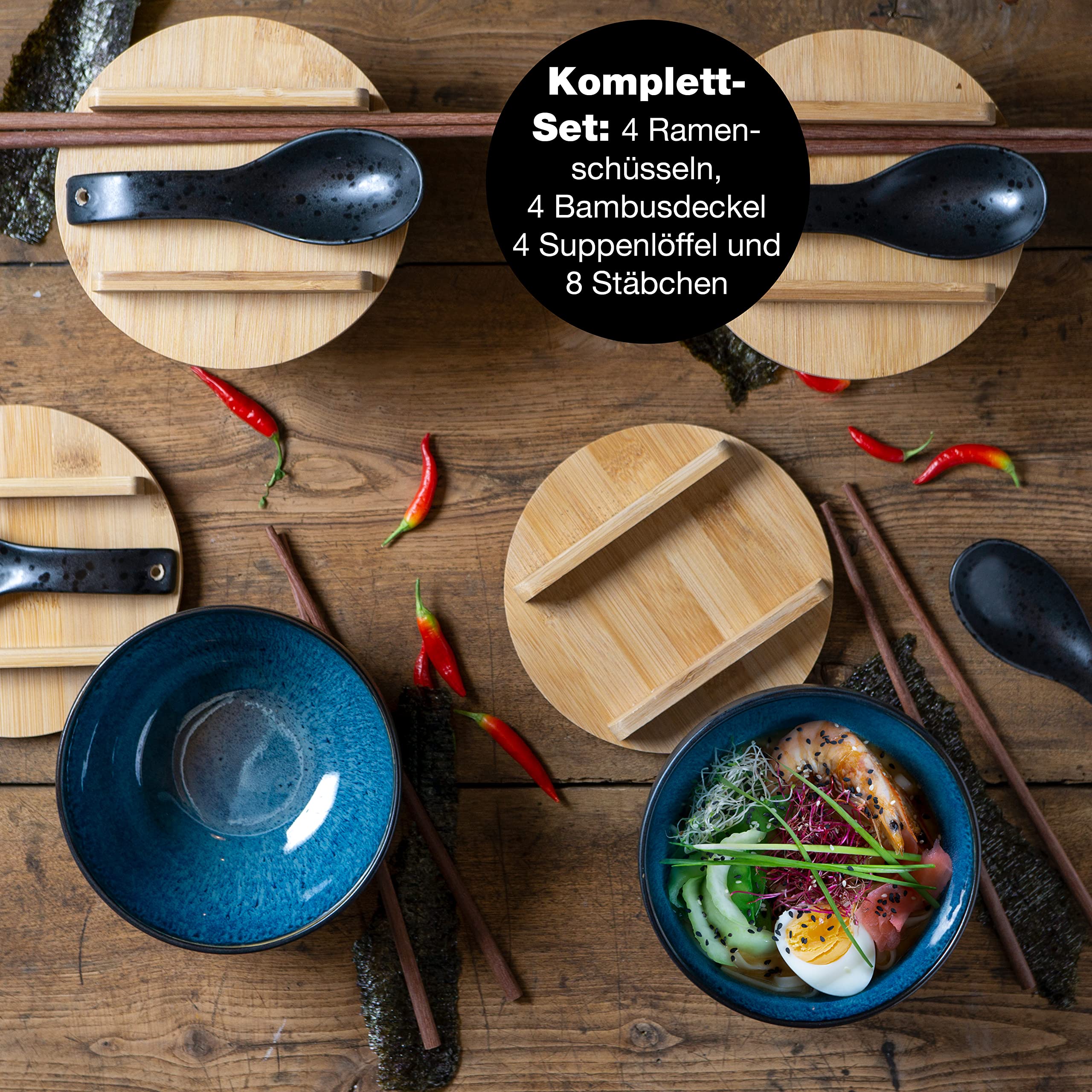 Moritz & Moritz 4x SOLID Ramen Schüssel Keramik - 600 ml - 15 cm Ø - Schwarz blaues Ramen Bowl Set für 4 Personen - Für Suppe, Pho und Sushi Bowl - Inkl. Stäbchen, Deckel und Löffel