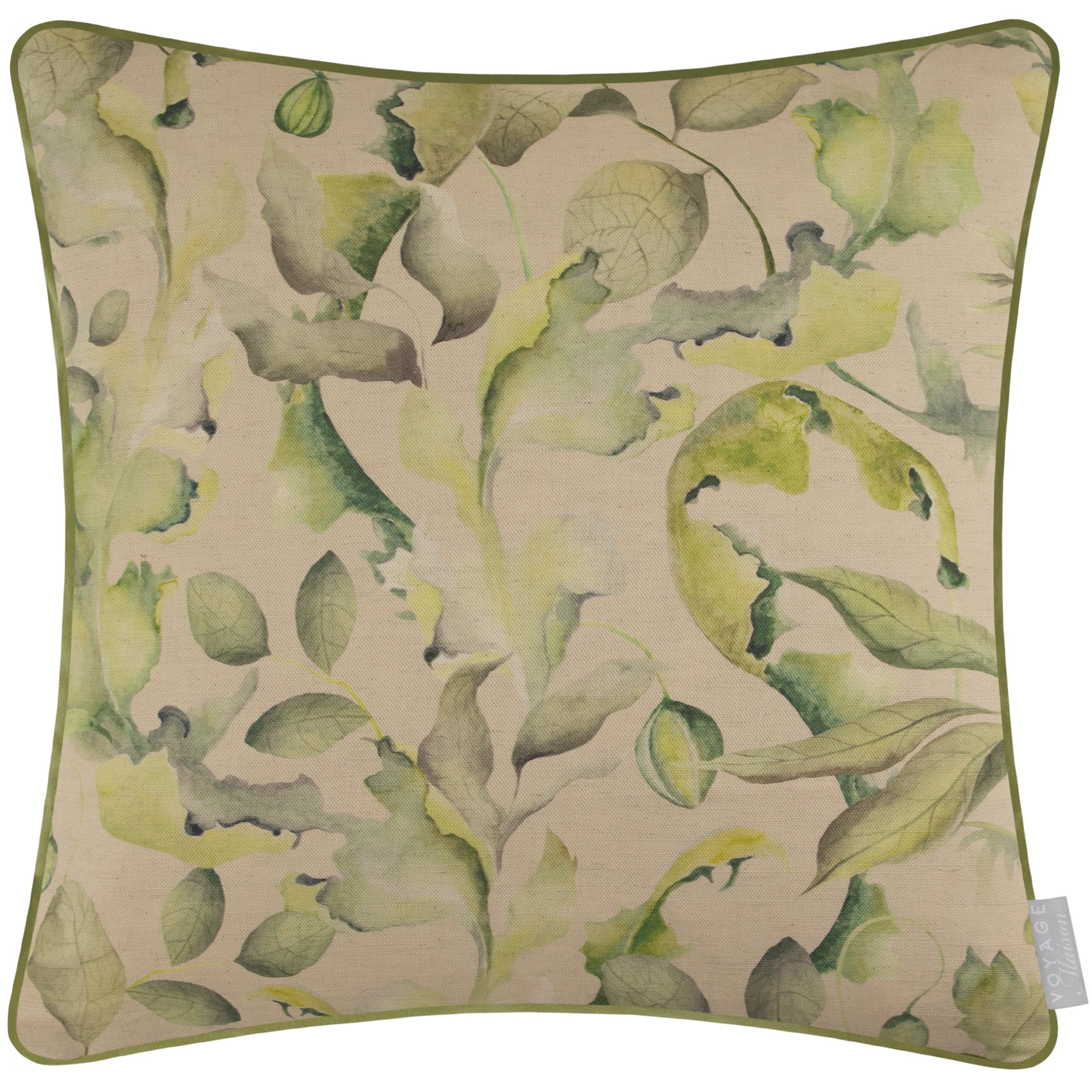 Voyage Maison Claudia Feather Filled Cushion – Cotton Blend Velvet Back Piped Edge Botanical Leaf Print (Sand - 50x50cm)