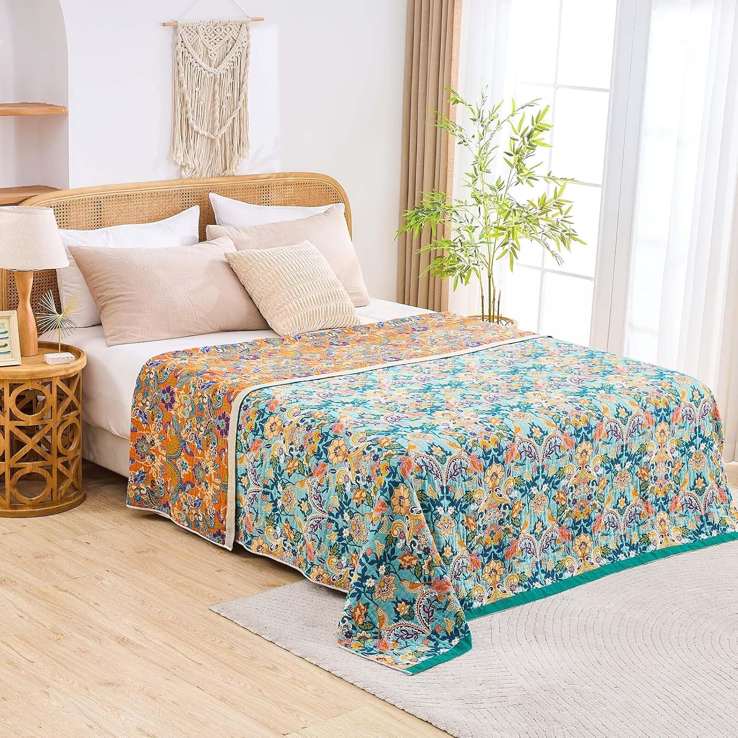 Boho Blanket Throw Quilt, 100% Cotton Soft Light Weight Throw Blankets for Summer, 50"x60" Farmhouse Flower Decorative Blankets, All Season Rustic Reversible Bohemian Throw Quilt - Image 7