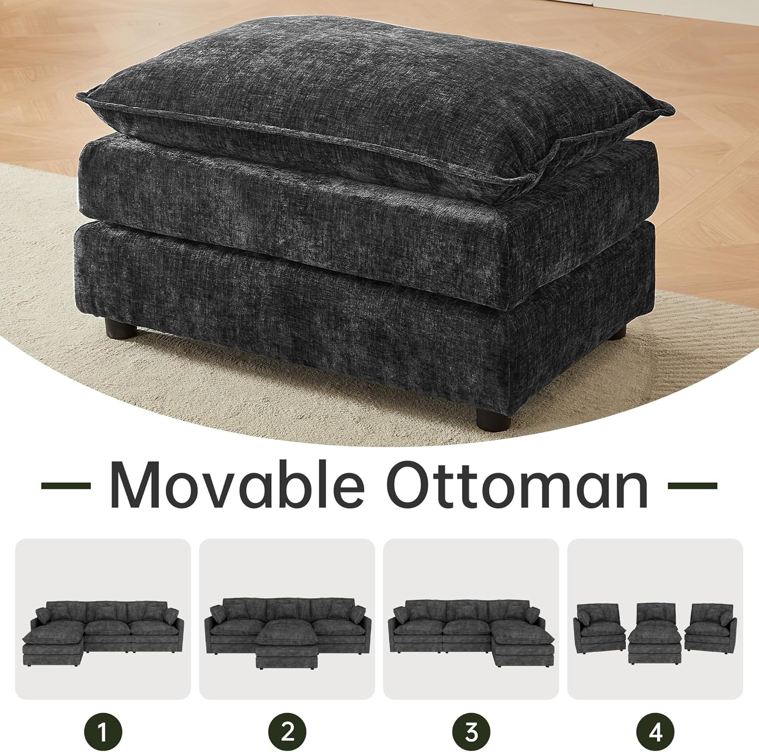 Modular Sectional Sofa 112.2 Inch L Shaped Couch Set with Armrests, 3-Seater Comfortable Cloud Couches with Movable Ottoman for Living Room Apartment, Grey