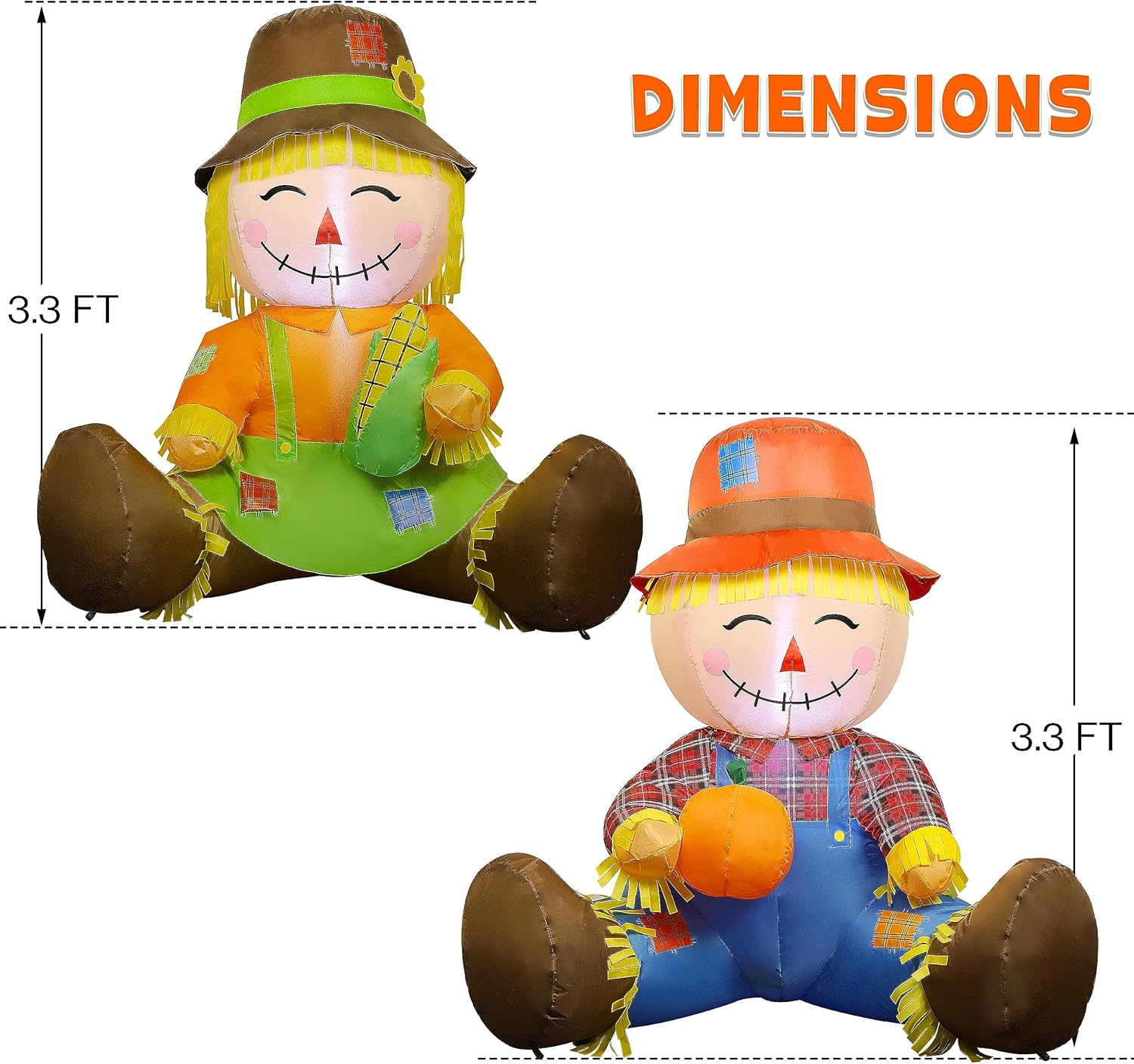 Lulu Home 3.3FT Fall Inflatable Decoration, Set of 2 Air Blown Scarecrow Couples with Built-in LED Lights for Harvest Indoor Outdoor Front Door Yard Lawn Garden Thanksgiving Decor
