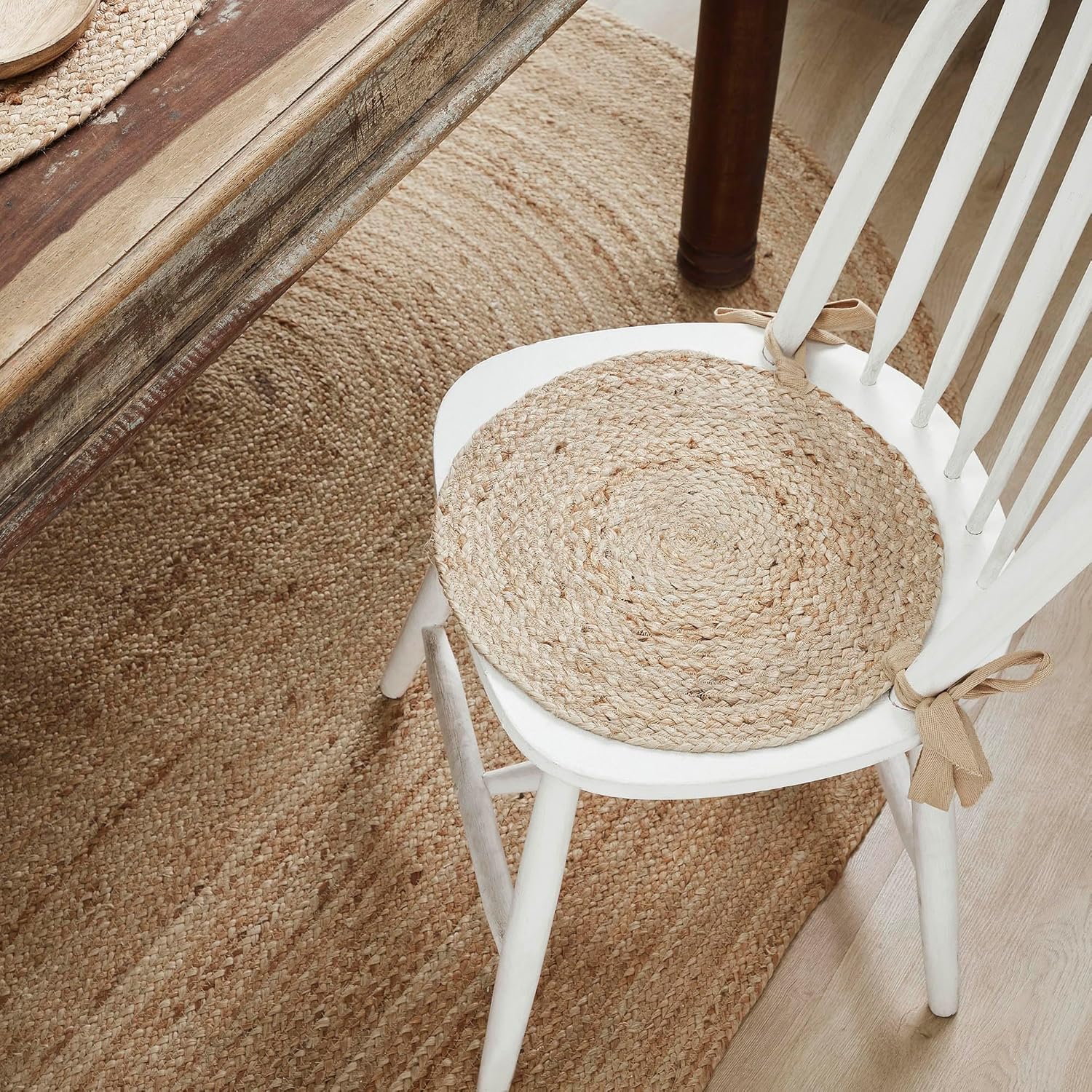 VHC Brands Jute Chair Pad, Dining Room and Kitchen Seat Cushion with Ties, Natural Collection, Round 15x15, Set of 2