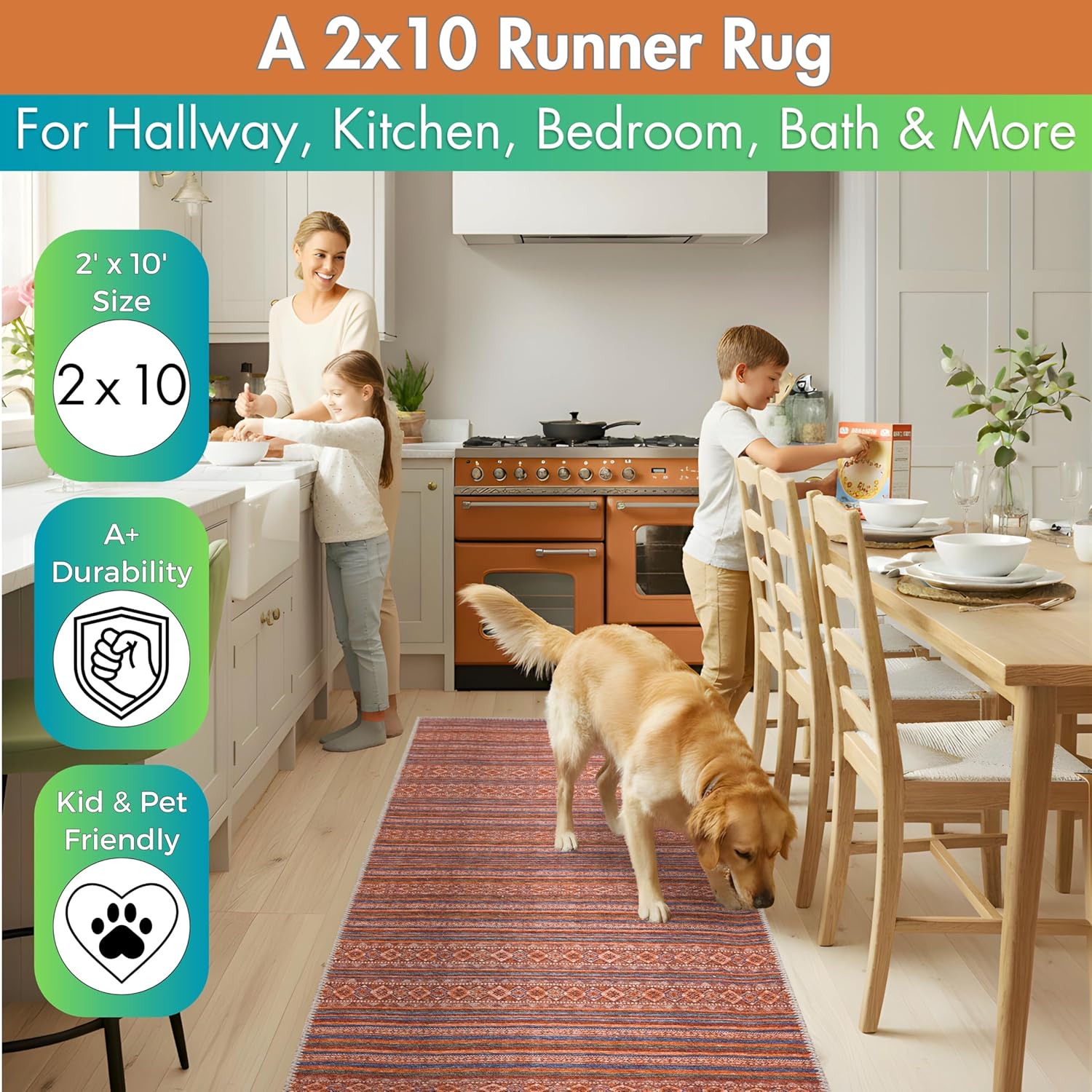 Sacred Artisans Washable 2x10 Runner Rug Non Slip for Hallway Entryway Kitchen Bedroom Bathroom and Laundry | Vintage Boho Ultra Durable and Low Pile 10ft Carpet Runners (Kilim, 2' x 10')