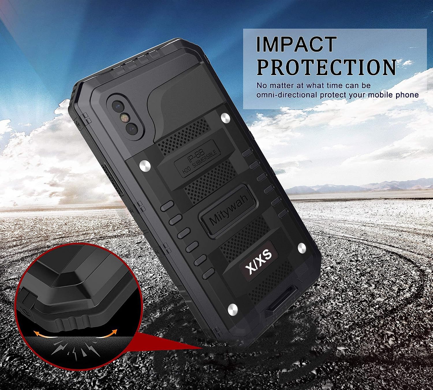 Mitywah Waterproof Case for iPhone X/XS, Heavy Duty Durable Metal Full Body Protective Case Built-in Screen Protection Waterproof Shockproof Dustproof Rugged Military Grade Defender, Black