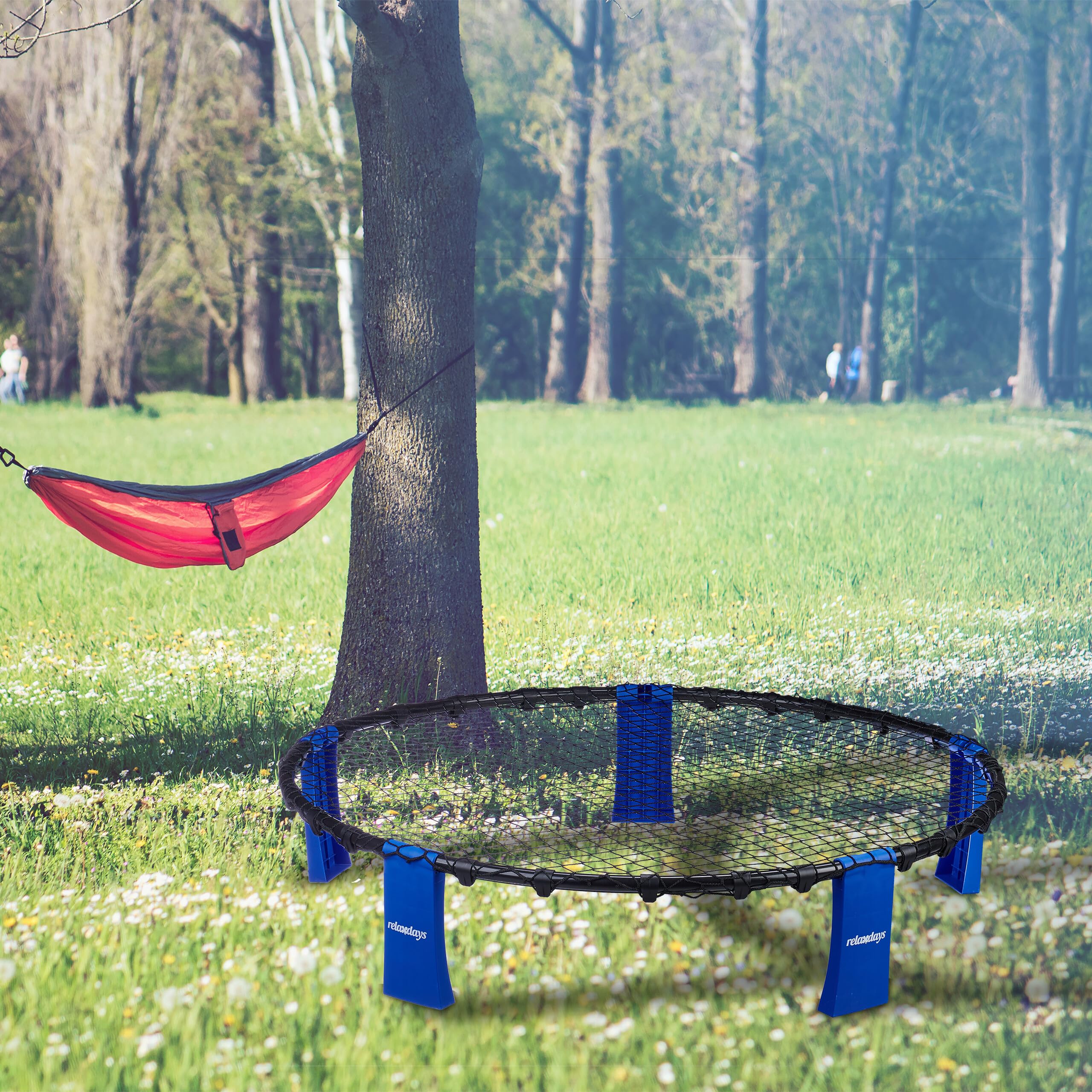 Relaxdays Kit de roundnet Complet, 3 Balles, Pompe, Filet, Sac de Rangement, Jeu d'extérieur, Noir/Bleu