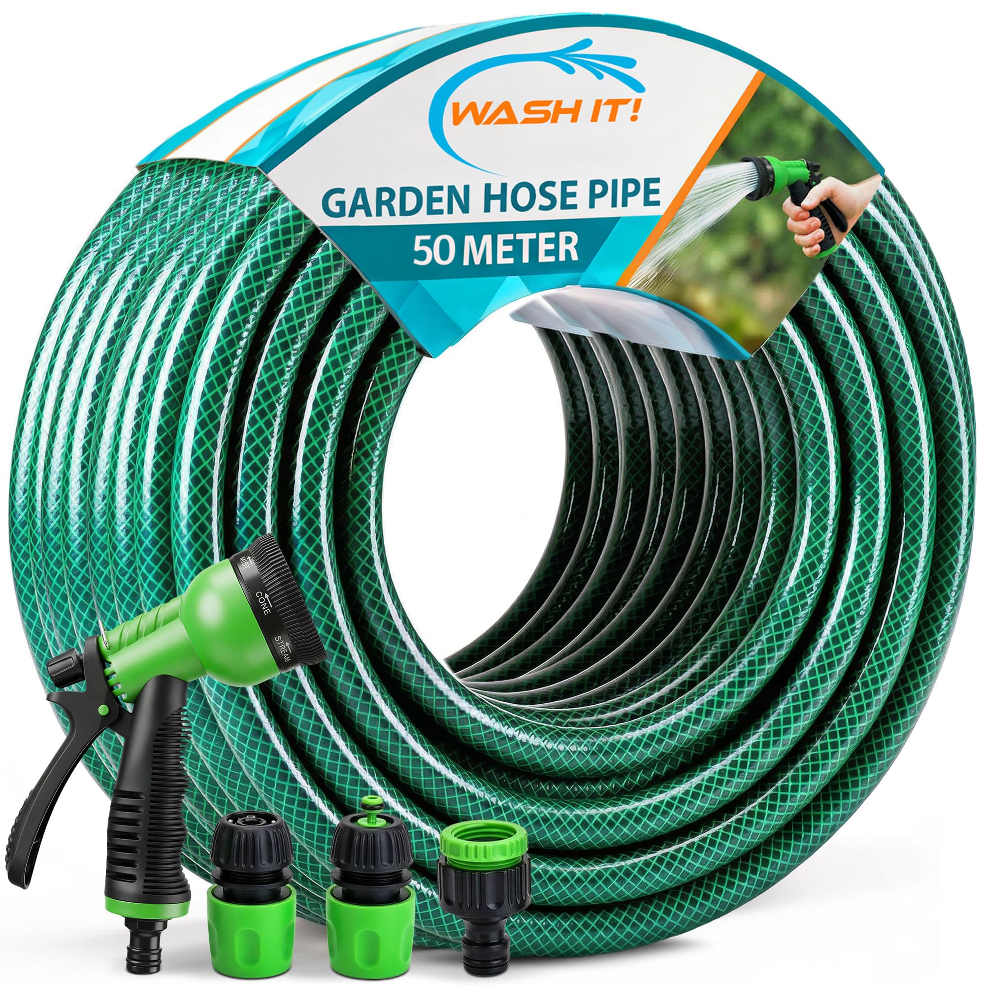 Garden Hose Pipe with Connectors and Hosepipe Spray Gun - Reinforced Garden Hose Set Including Adjustable Hosepipe Spray Gun, Tap Connector and 2 Couplers for Plant Watering and Car Washing (50m)