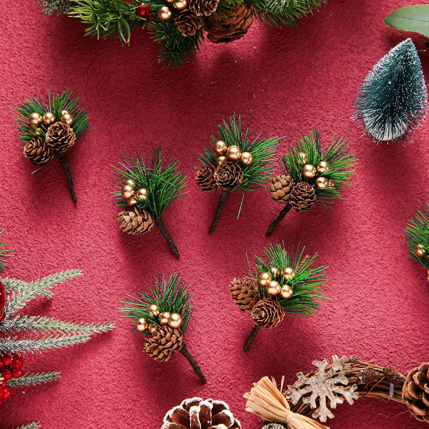 WILLBOND 24 Pieces Christmas Floral Picks, Artificial Pine Picks Christmas Pine Needles Branches with Berry Pinecones Fake Berries for Flower Arrangements Wreaths Xmas Tree Decoration(Gold)