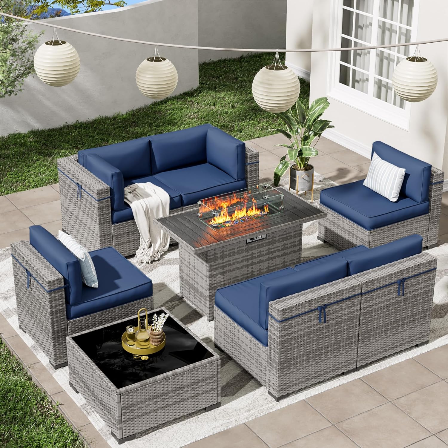 Patio 8-Piece Firepit Outdoor Sectional Set, Navy