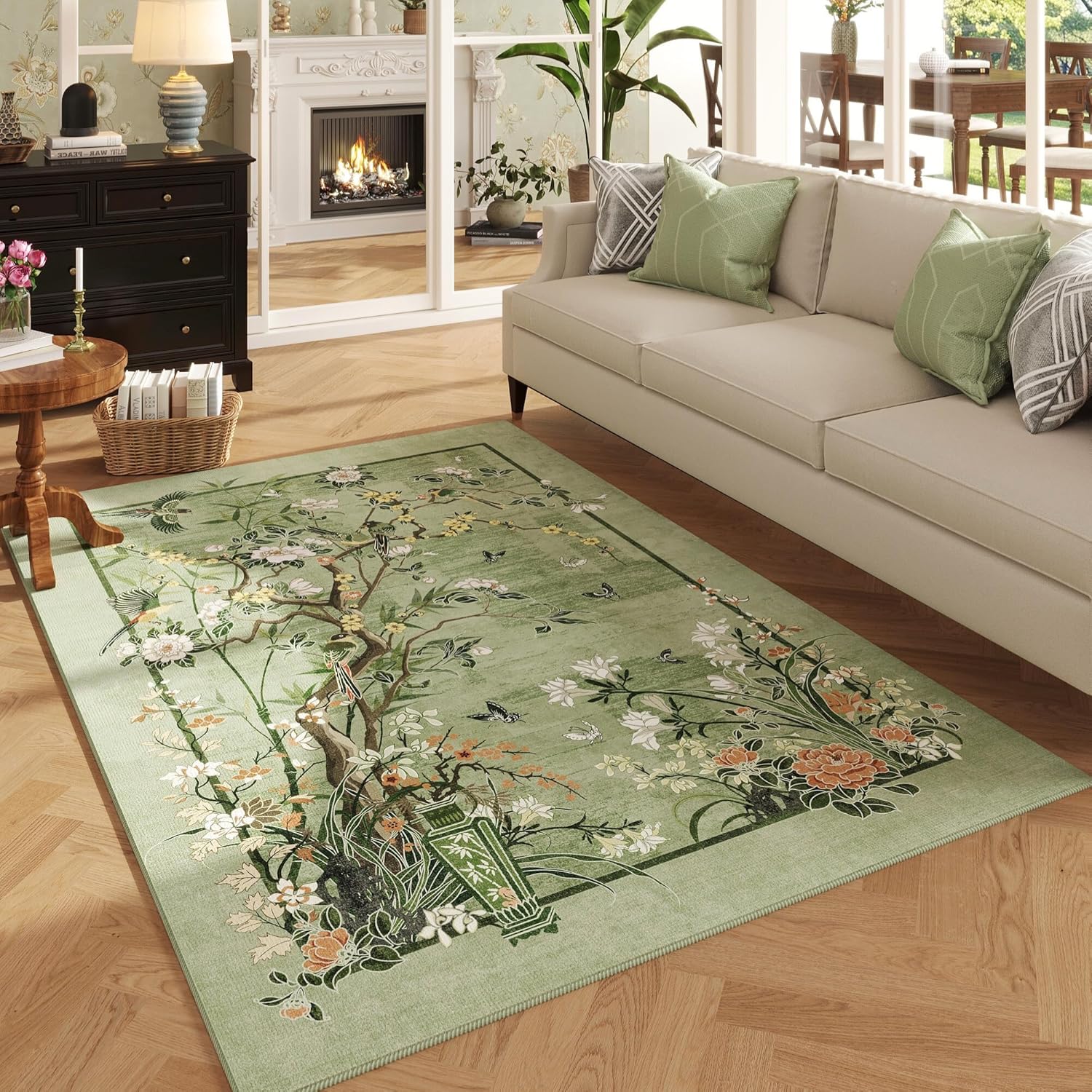 4x6 Rug Chinoiserie-Style Floral Vintage Washable Area Rugs Non Slip Low Pile Small Carpet for Bedroom, Bedside, Kids Room, Office, Dining Room, Green Green - Chinoiserie 4' x 6' (Rectangular)