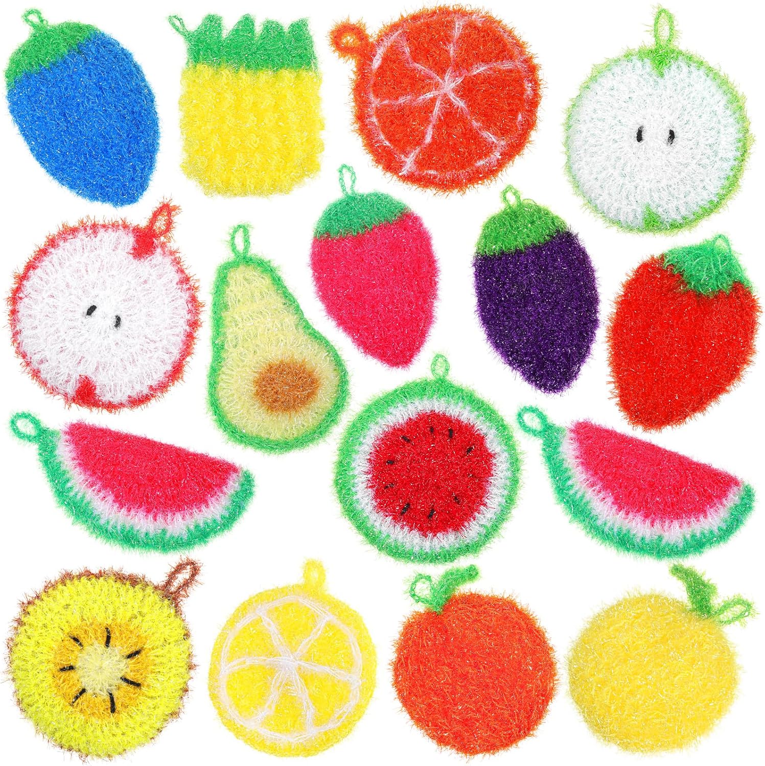 16pcs Fruit Dish Srubbies,Non Scratch Dishwashing Sponges,Double Layer Reusable Hand-Knitting Kitchen Cleaning Dish Sponge Scrubber for Dishwashing Washing Dishes Cookware Tubs Sinks