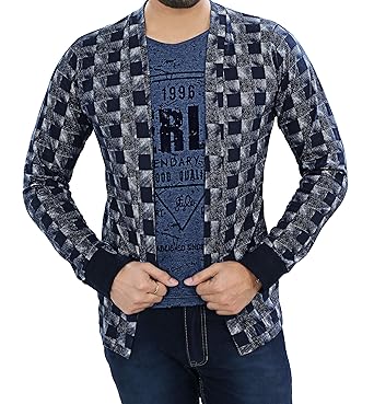 SDS Fashion Boys Full Sleeve Cotton Navy Blue Printed T-Shirt with Checked Jacket Shrug and Navy Blue Ribs Look Smart and Comfortable for Any Casual and Festive Purpose